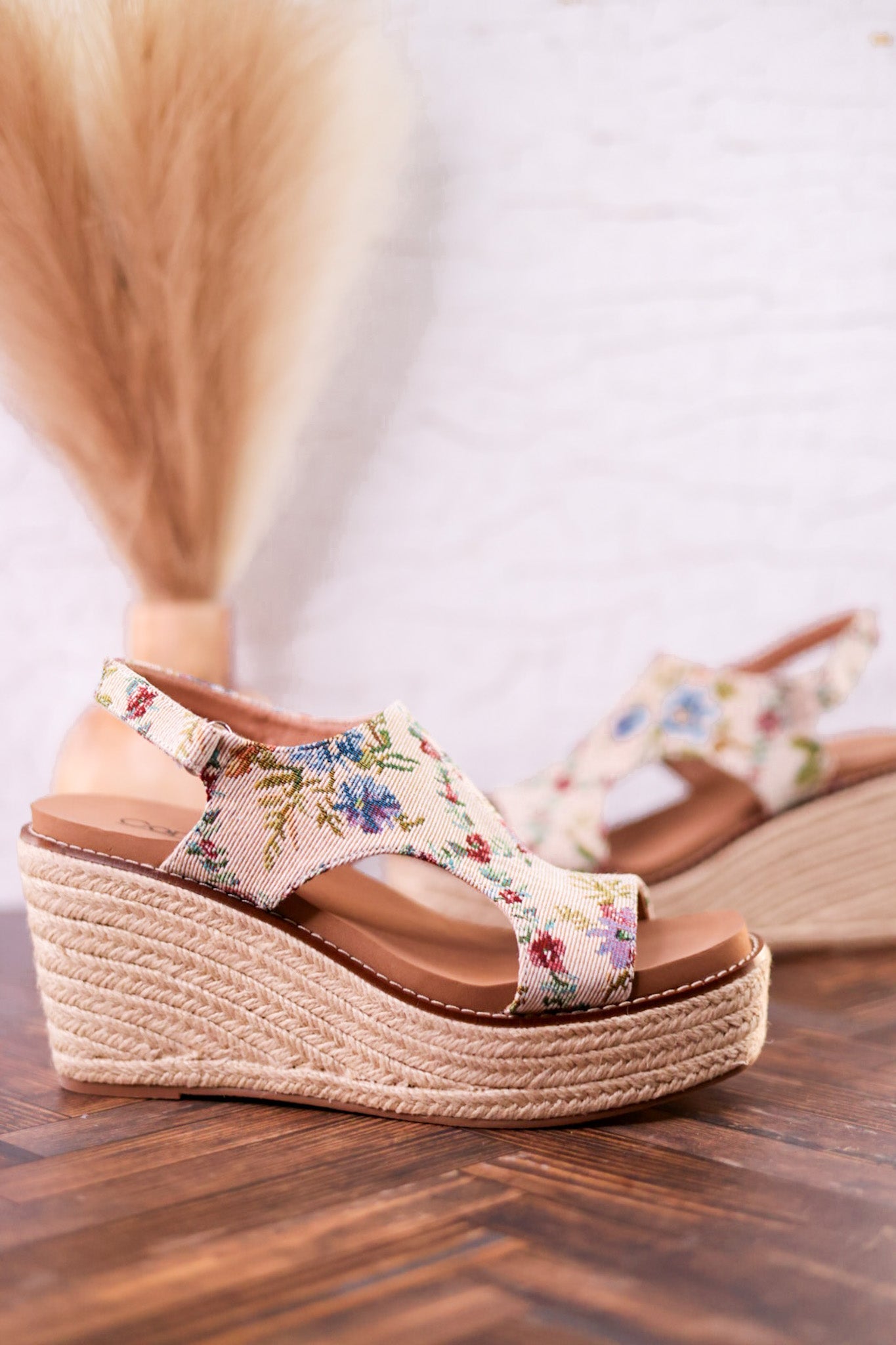 Tan and Floral Brocade Freddie Wedges - Whiskey Skies - CORKYS FOOTWEAR