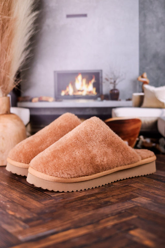 Tan "Comfy" Fuzzy Slippers - Whiskey Skies - CORKYS FOOTWEAR