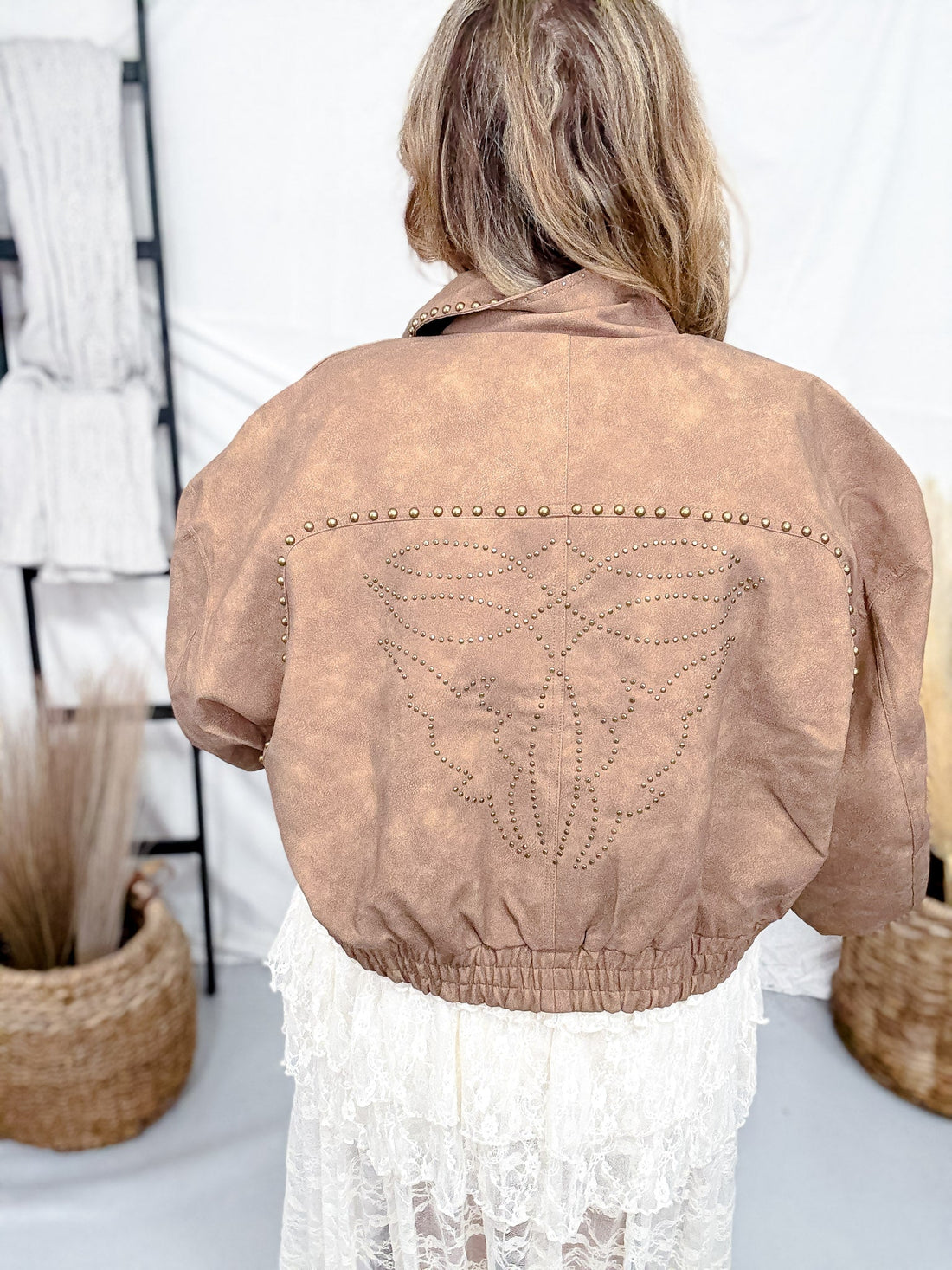 Tan Cropped Faux Leather Jacket With Studs - Whiskey Skies - POLAGRAM + BAEVELY