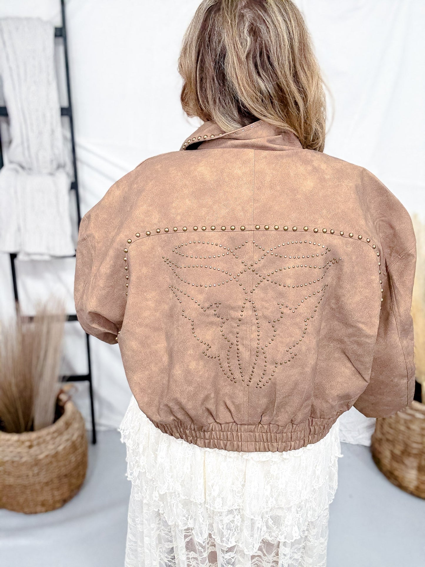 Tan Cropped Faux Leather Jacket With Studs - Whiskey Skies - POLAGRAM + BAEVELY