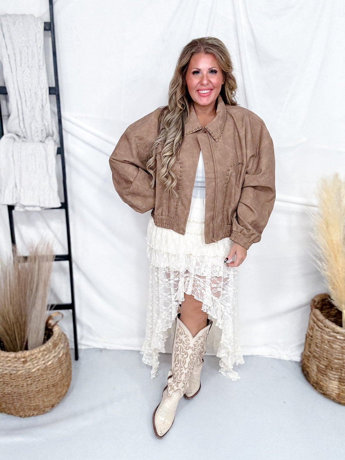 Tan Cropped Faux Leather Jacket With Studs - Whiskey Skies - POLAGRAM + BAEVELY