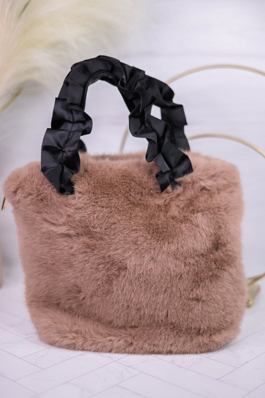 Tan Faux Fur Purse with Satin Strap - Whiskey Skies - COCO + CARMEN