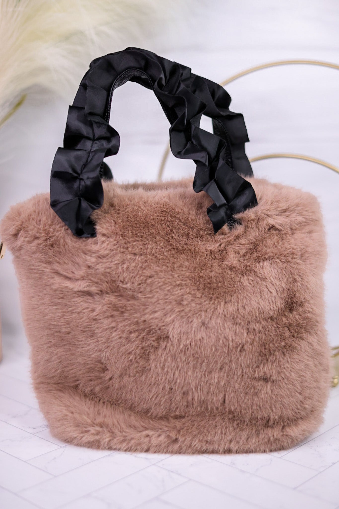 Tan Faux Fur Purse with Satin Strap - Whiskey Skies - COCO + CARMEN