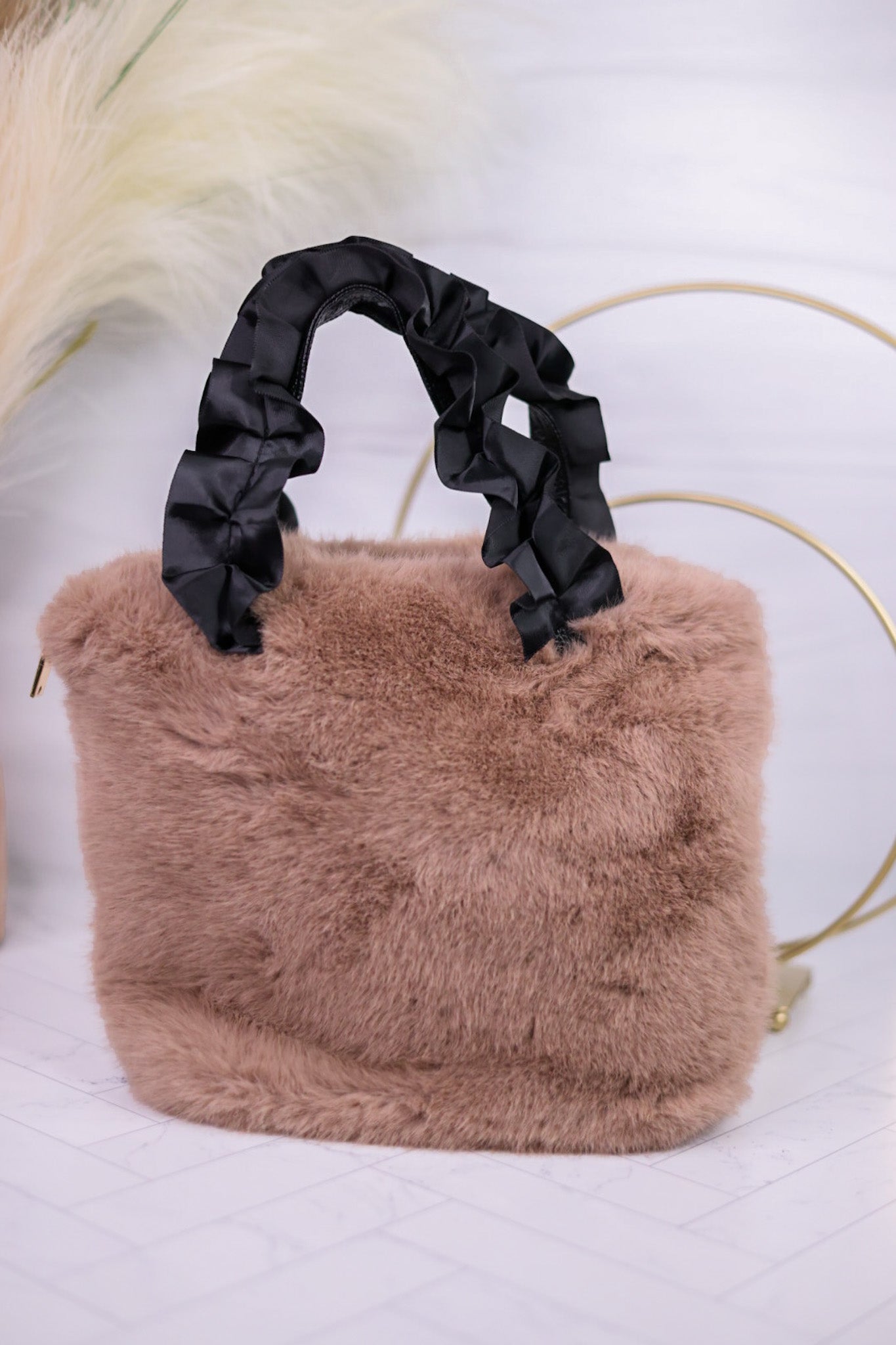 Tan Faux Fur Purse with Satin Strap - Whiskey Skies - COCO + CARMEN