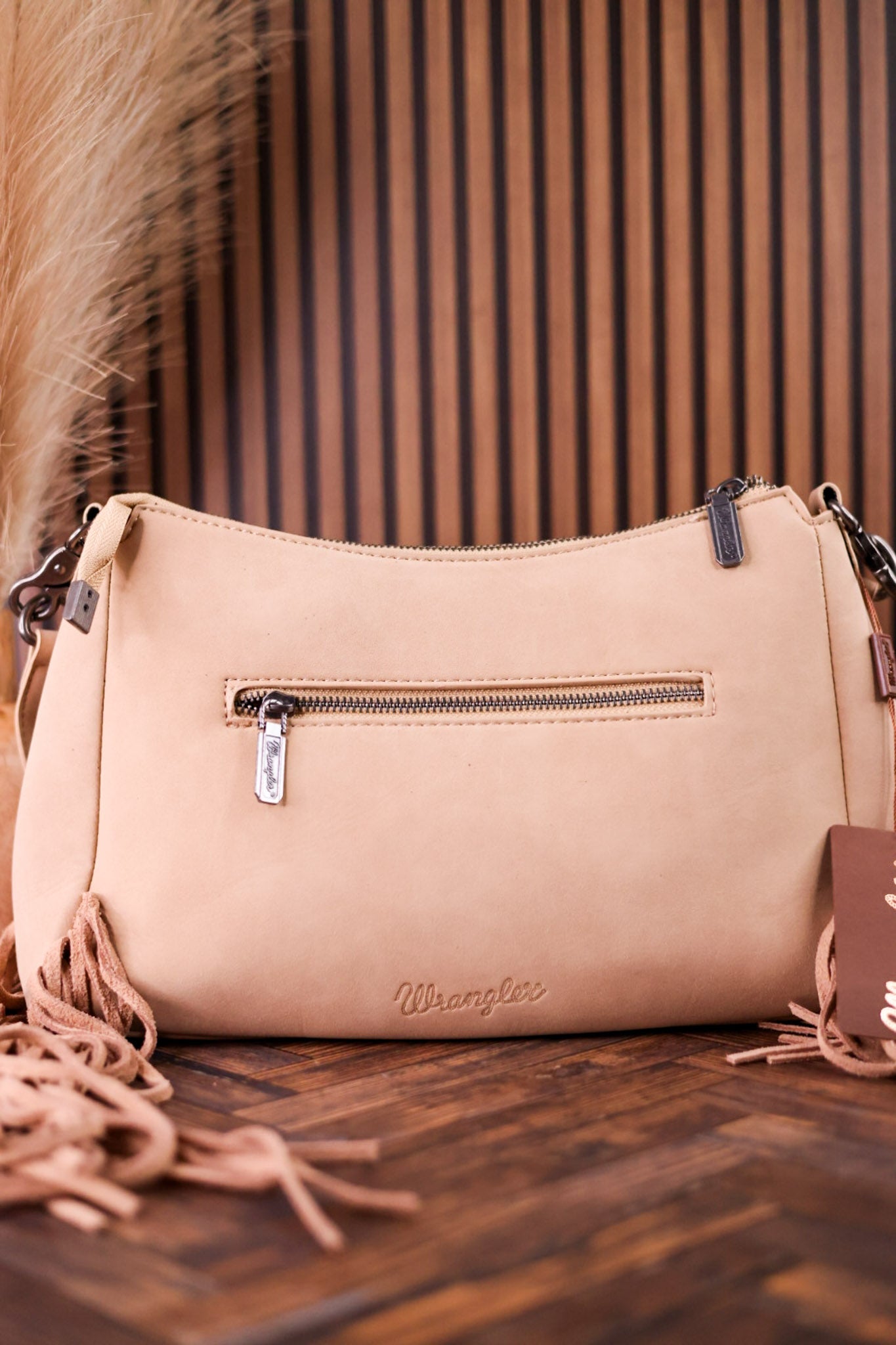Tan Faux Leather Wrangler Belt Buckle Fringe Purse - Whiskey Skies - MONTANA WEST