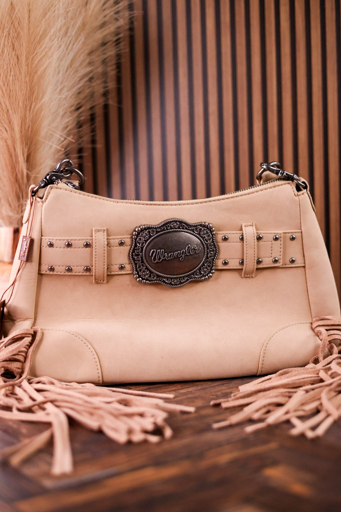 Tan Faux Leather Wrangler Belt Buckle Fringe Purse - Whiskey Skies - MONTANA WEST