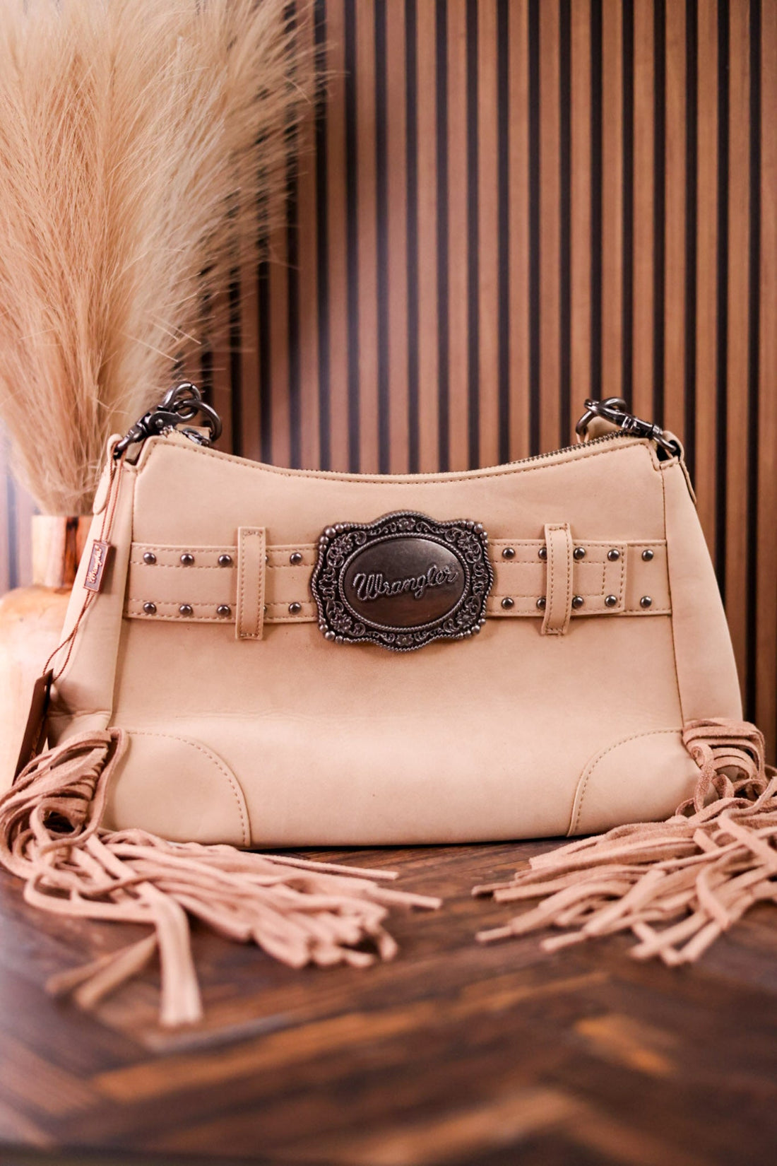Tan Faux Leather Wrangler Belt Buckle Fringe Purse - Whiskey Skies - MONTANA WEST