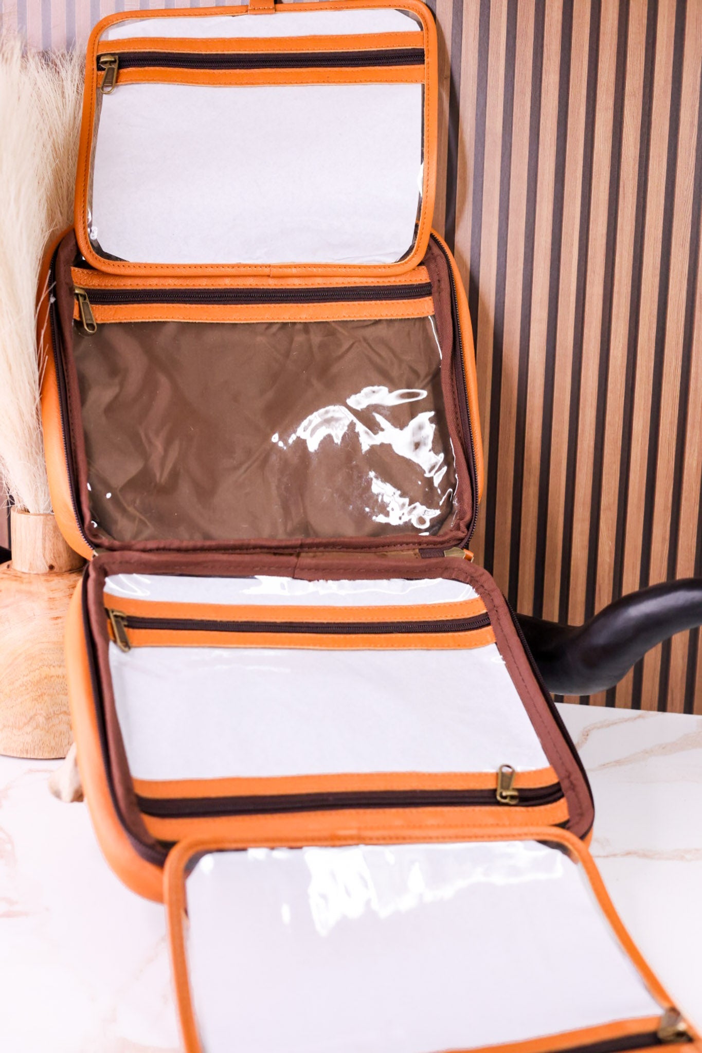 Tan Hairon Leather Hanging Travel Toiletries Bag - Whiskey Skies - BOHO RANCH SHOP