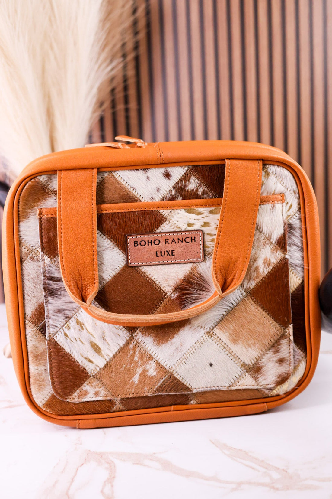 Tan Hairon Leather Hanging Travel Toiletries Bag - Whiskey Skies - BOHO RANCH SHOP