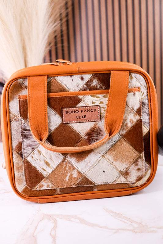 Tan Hairon Leather Hanging Travel Toiletries Bag - Whiskey Skies - BOHO RANCH SHOP