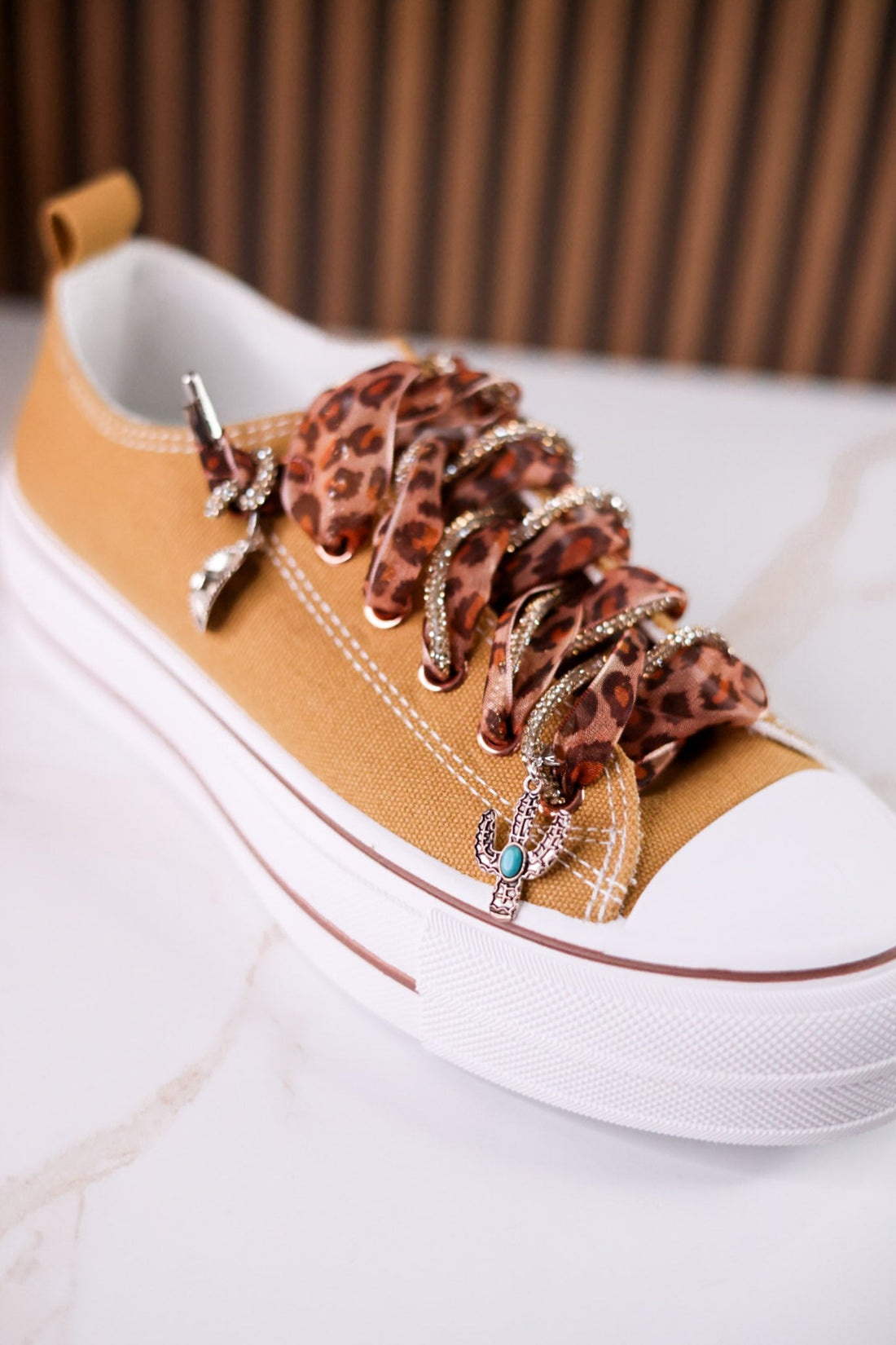 Tan "Harmon" Sneakers With Leopard Print & Sparkle Laces - Whiskey Skies - VERY G