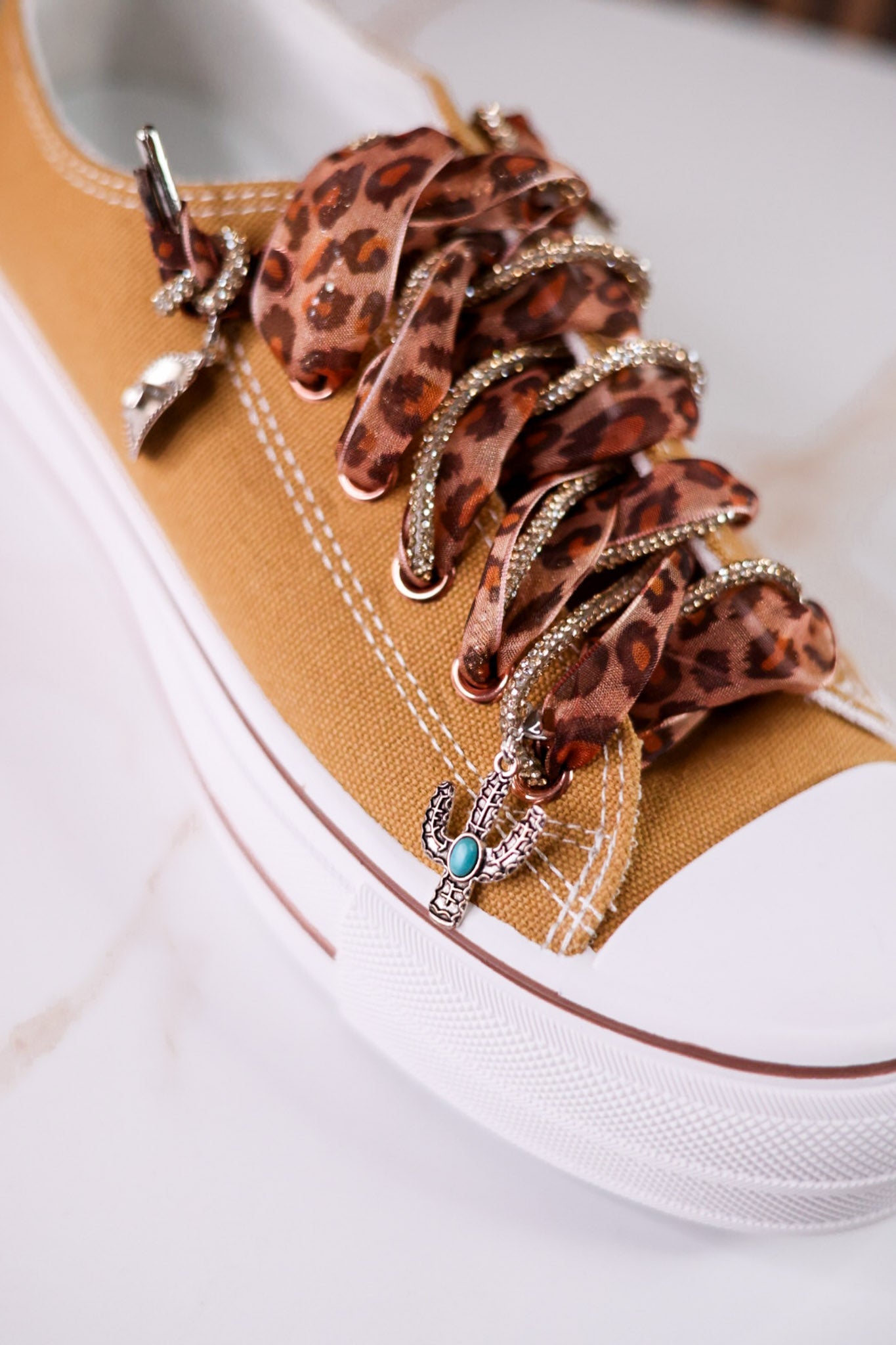 Tan "Harmon" Sneakers With Leopard Print & Sparkle Laces - Whiskey Skies - VERY G
