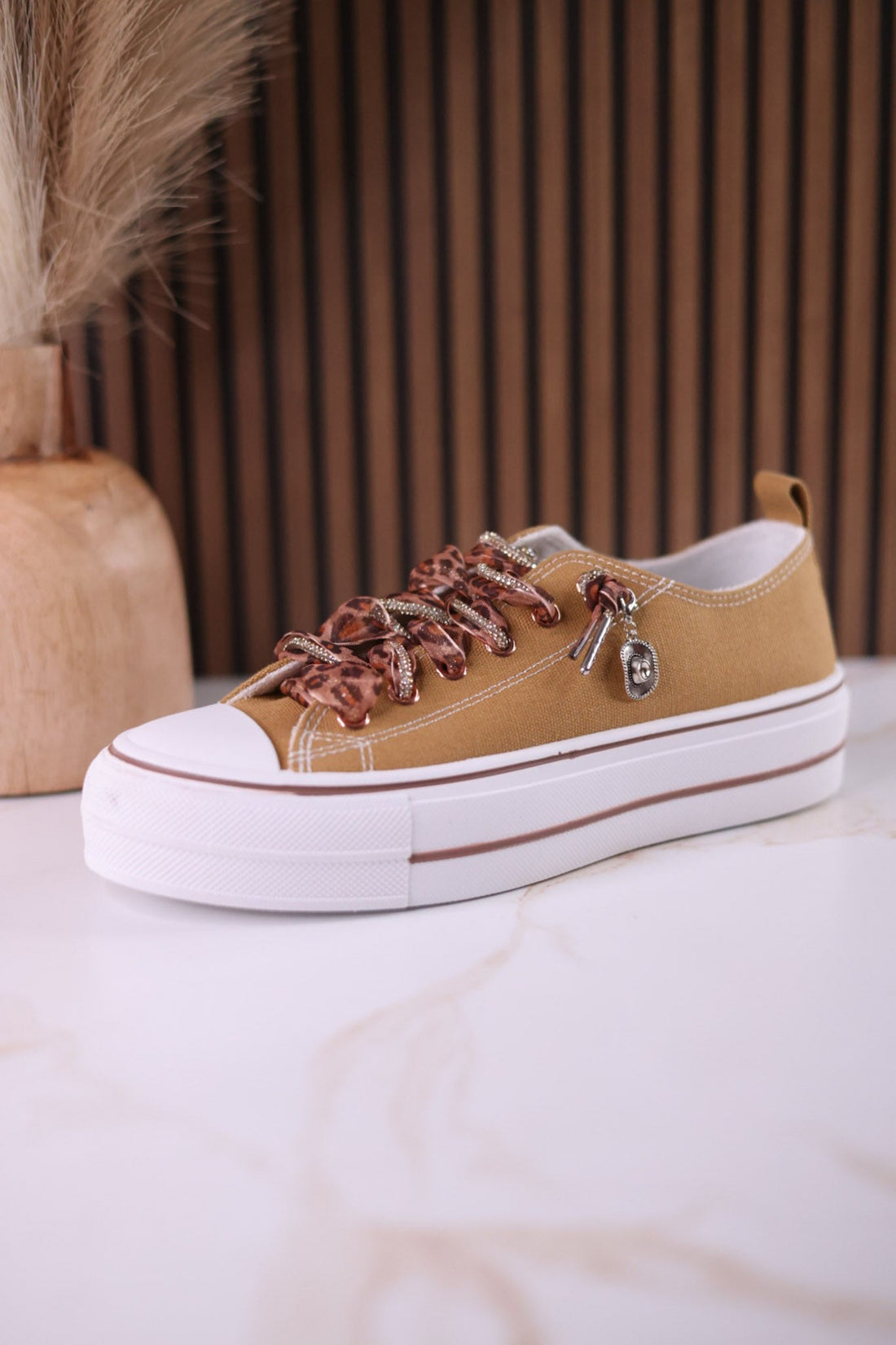 Tan "Harmon" Sneakers With Leopard Print & Sparkle Laces - Whiskey Skies - VERY G