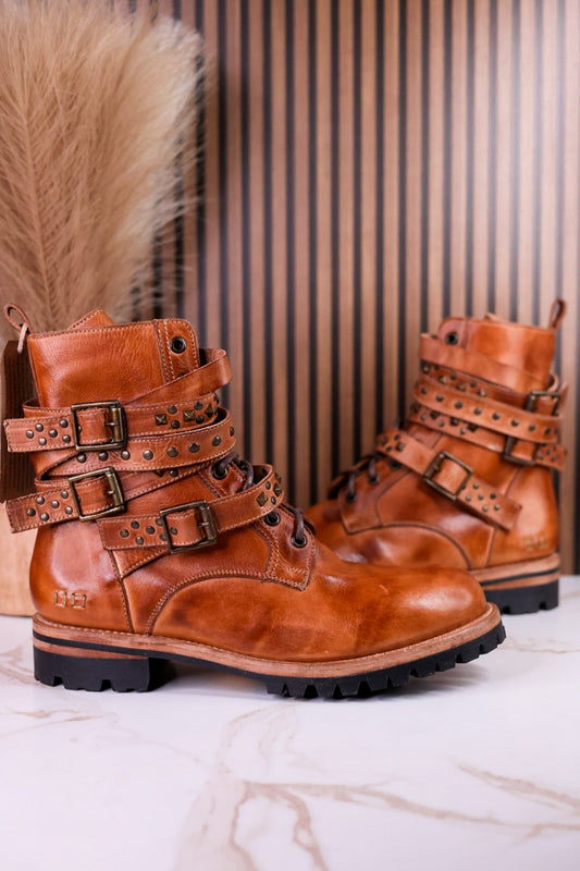 Tan Leather Strappy Combat Boots With Studded Details - Whiskey Skies - BED/STU