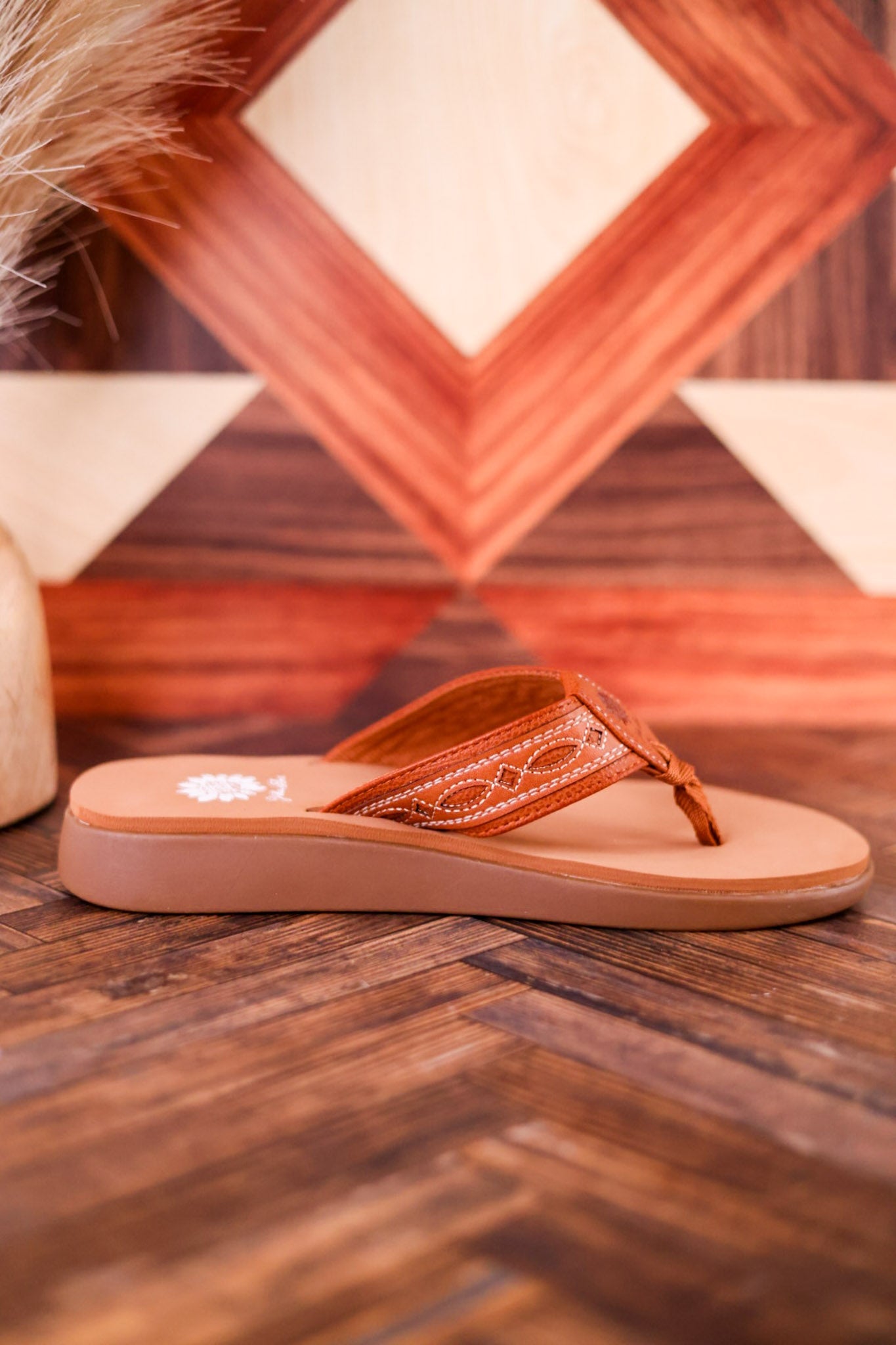 Tan Low Platform Sandals with Western Stitching - Whiskey Skies - YELLOWBOX