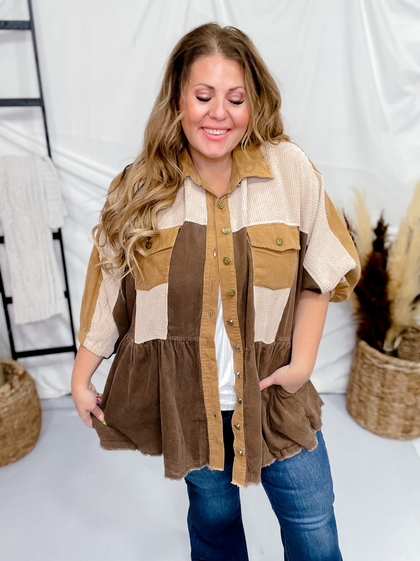 Tan Mix Corduroy Button Down Shacket - Whiskey Skies - UMGEE