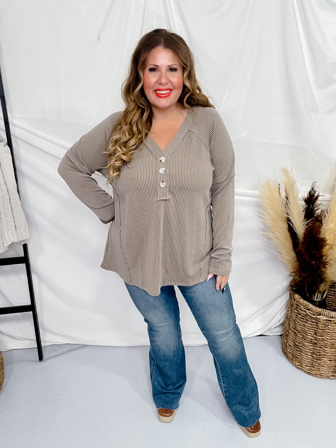 Tan - Olive Long Sleeve V - Neck Knit Top - Whiskey Skies - ANDREE BY UNIT