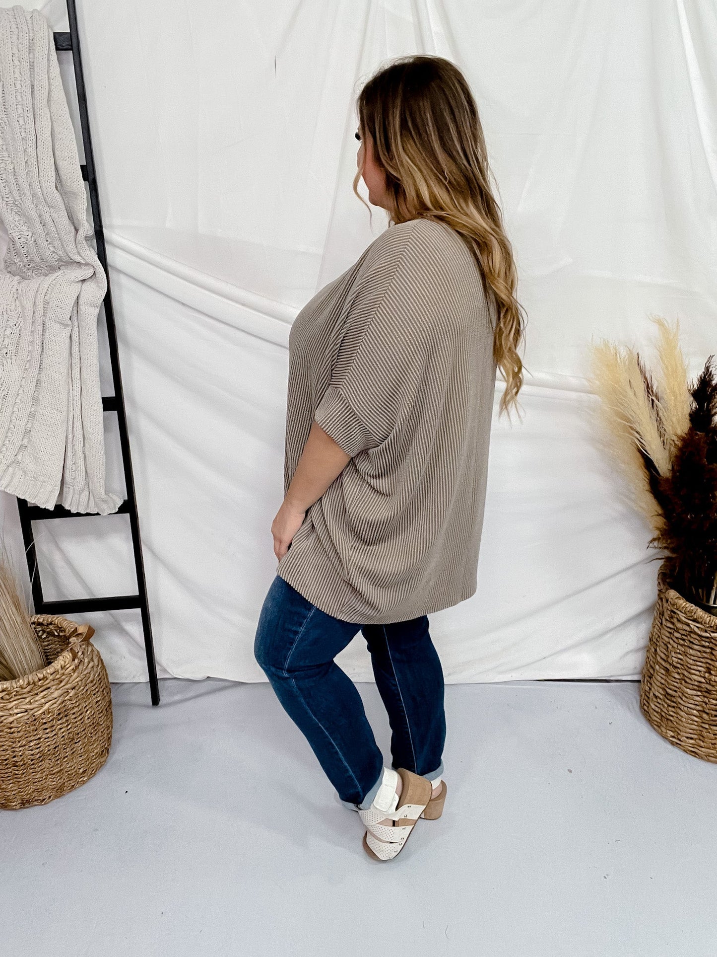 Tan Olive Round Neck Ribbed Tunic Top - Whiskey Skies - ANDREE BY UNIT