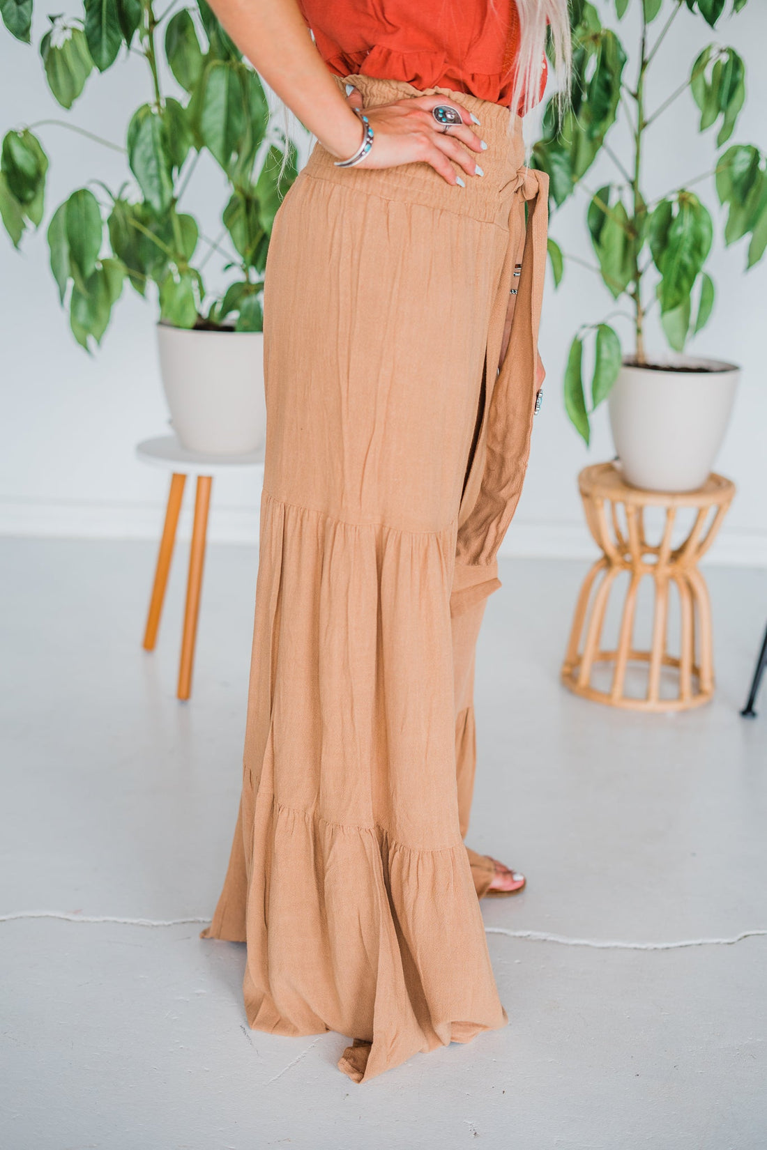 Tan Smocking Waist Tier Wide Pants - Whiskey Skies - SAINTS & HEARTS