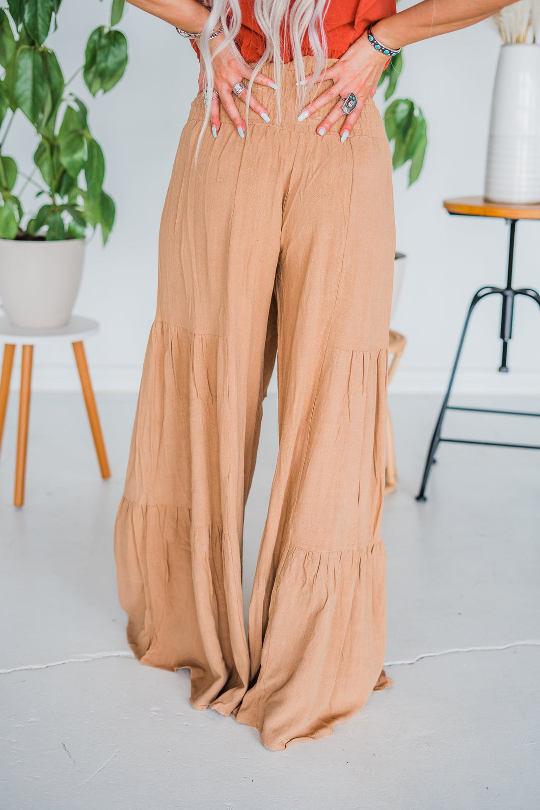 Tan Smocking Waist Tier Wide Pants - Whiskey Skies - SAINTS & HEARTS
