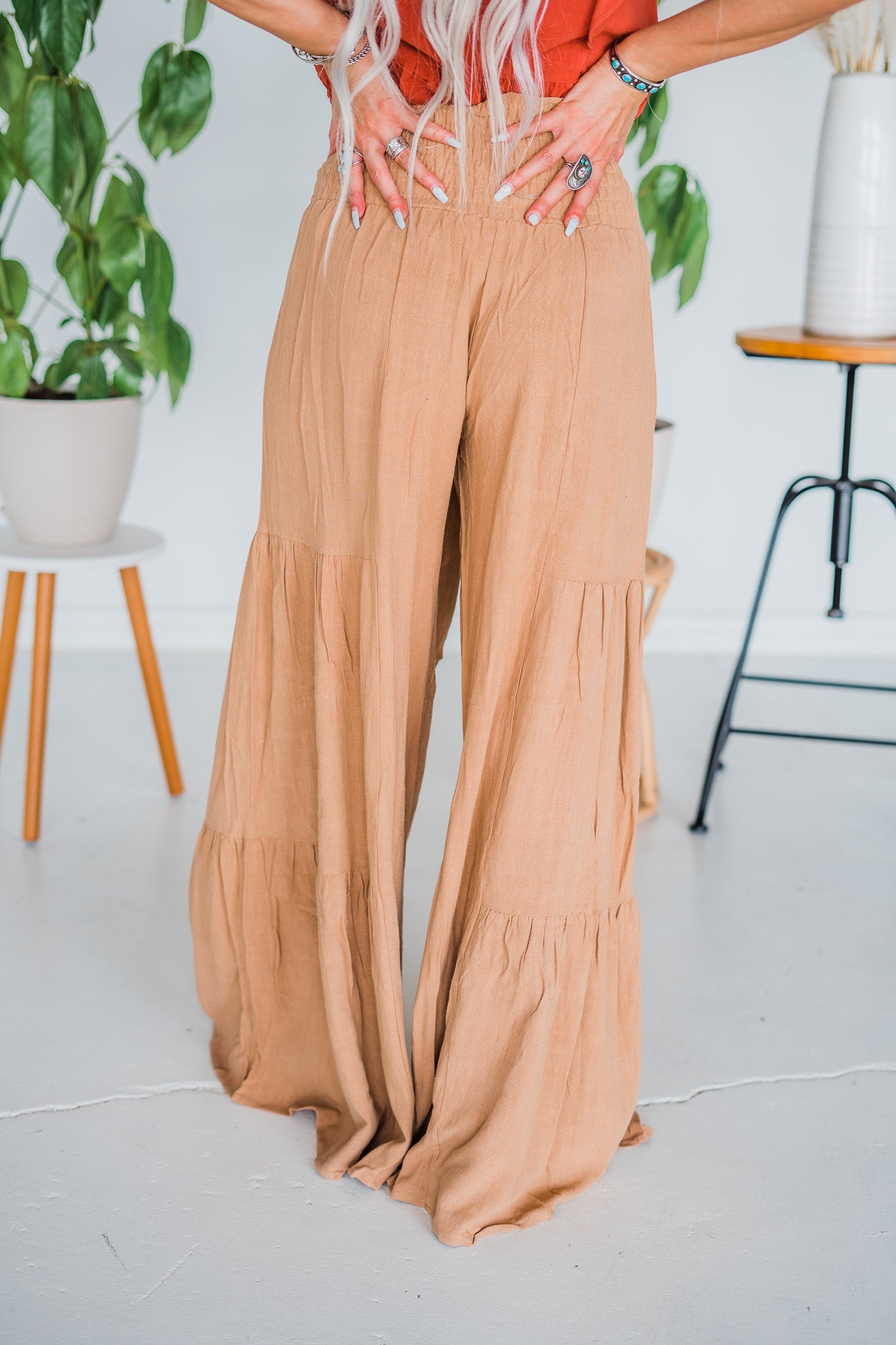 Tan Smocking Waist Tier Wide Pants - Whiskey Skies - SAINTS & HEARTS