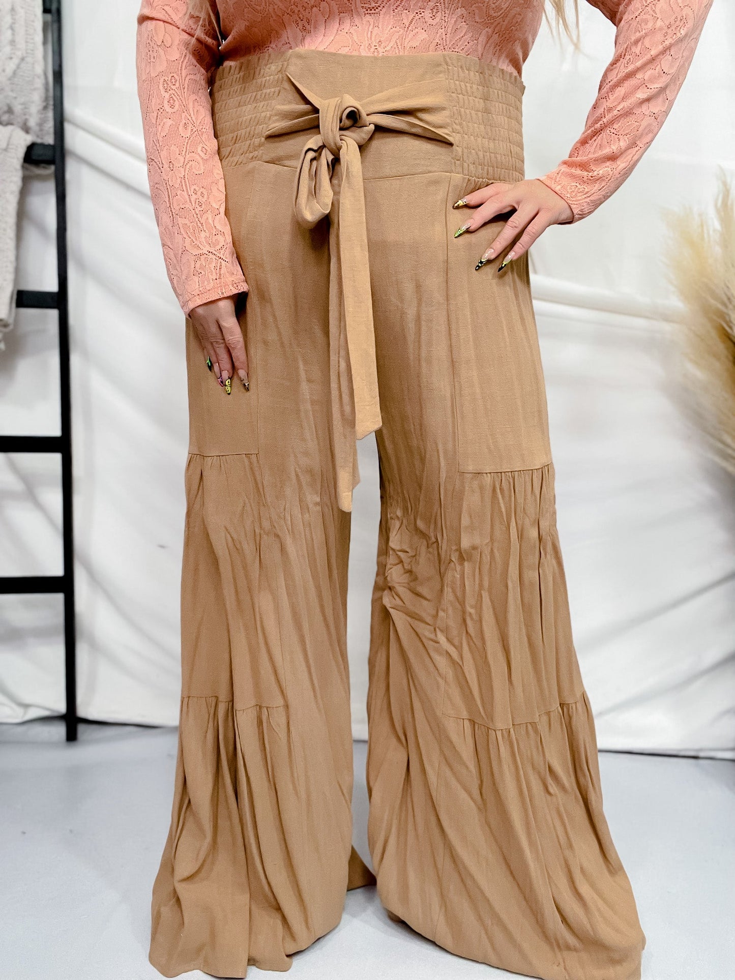 Tan Smocking Waist Tier Wide Pants - Whiskey Skies - SAINTS & HEARTS