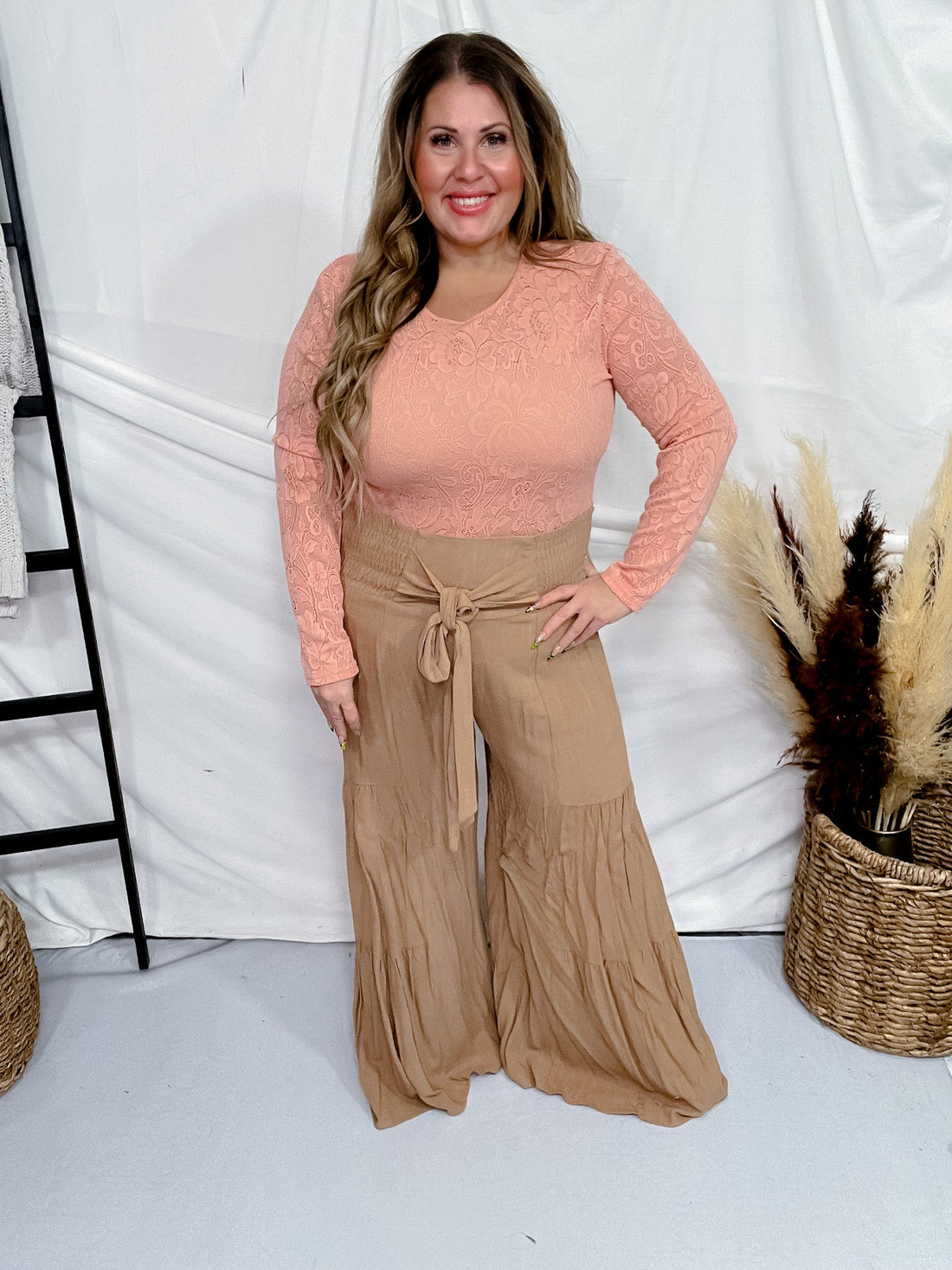 Tan Smocking Waist Tier Wide Pants - Whiskey Skies - SAINTS & HEARTS