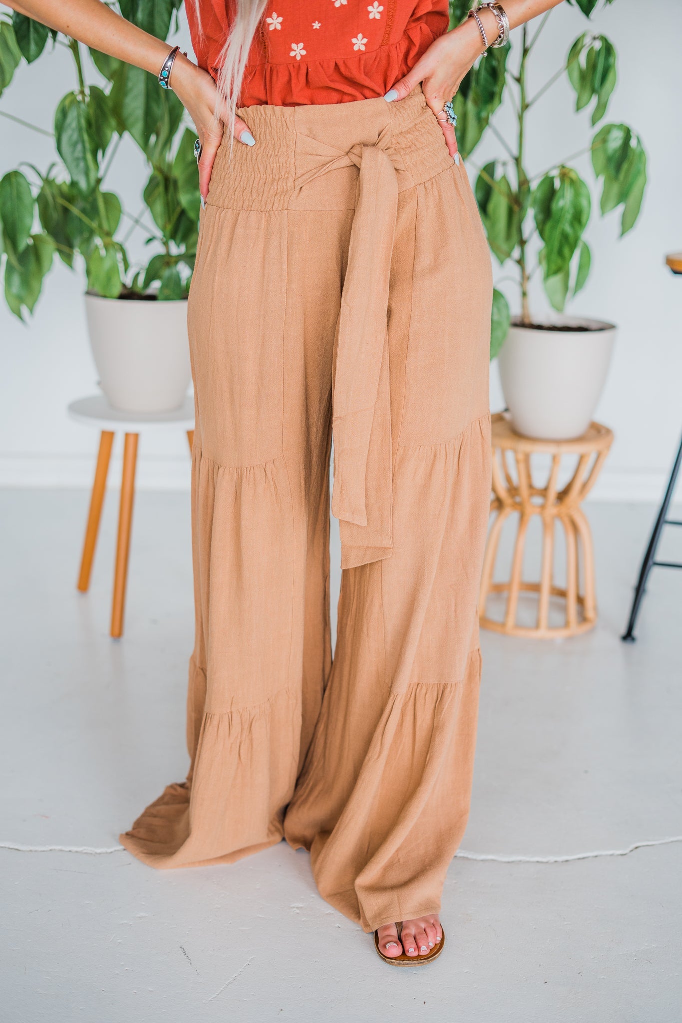 Tan Smocking Waist Tier Wide Pants - Whiskey Skies - SAINTS & HEARTS