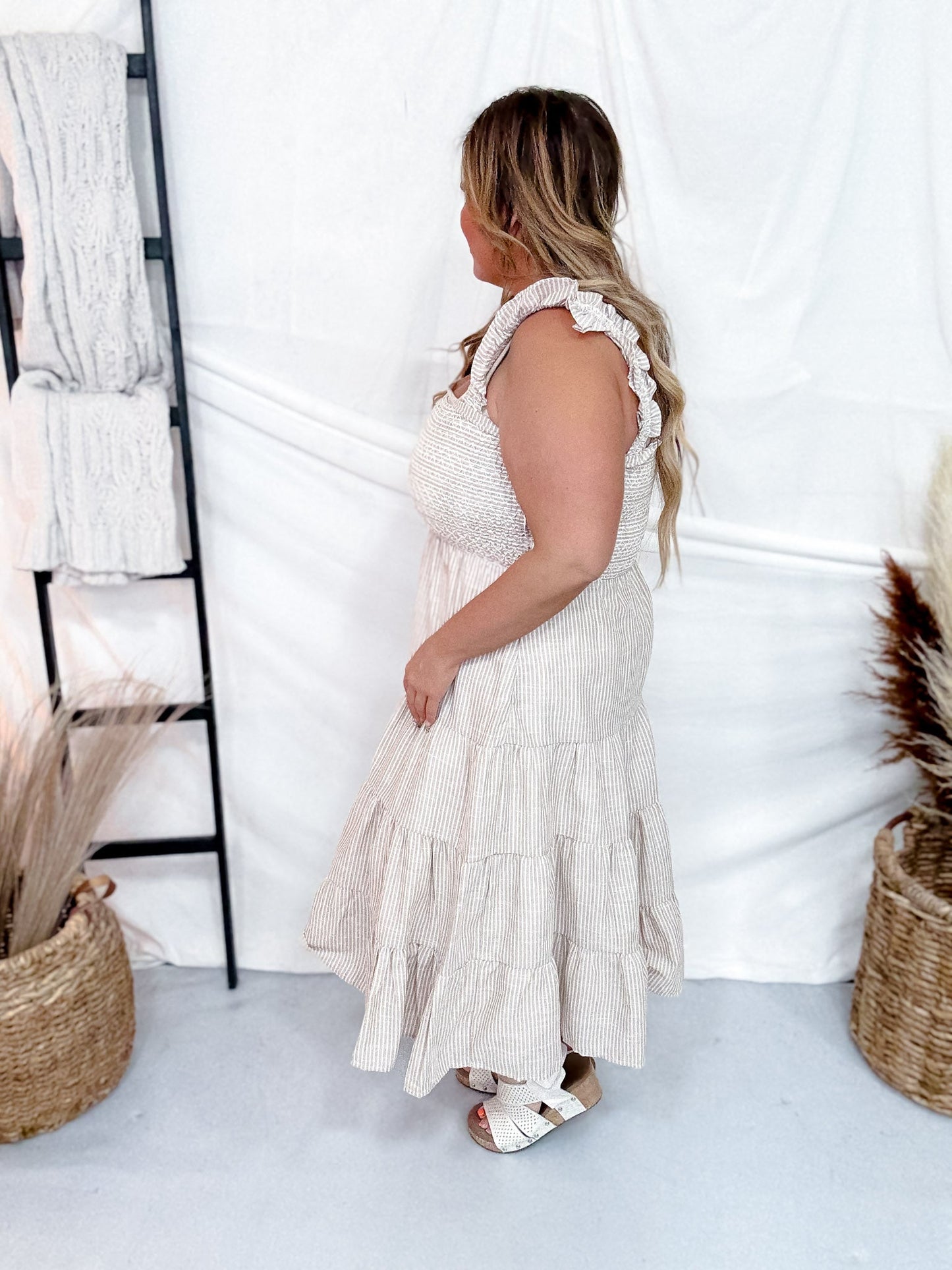 Tan Striped Tiered Maxi Dress with Ruffle Straps - Whiskey Skies - WHITE BIRCH