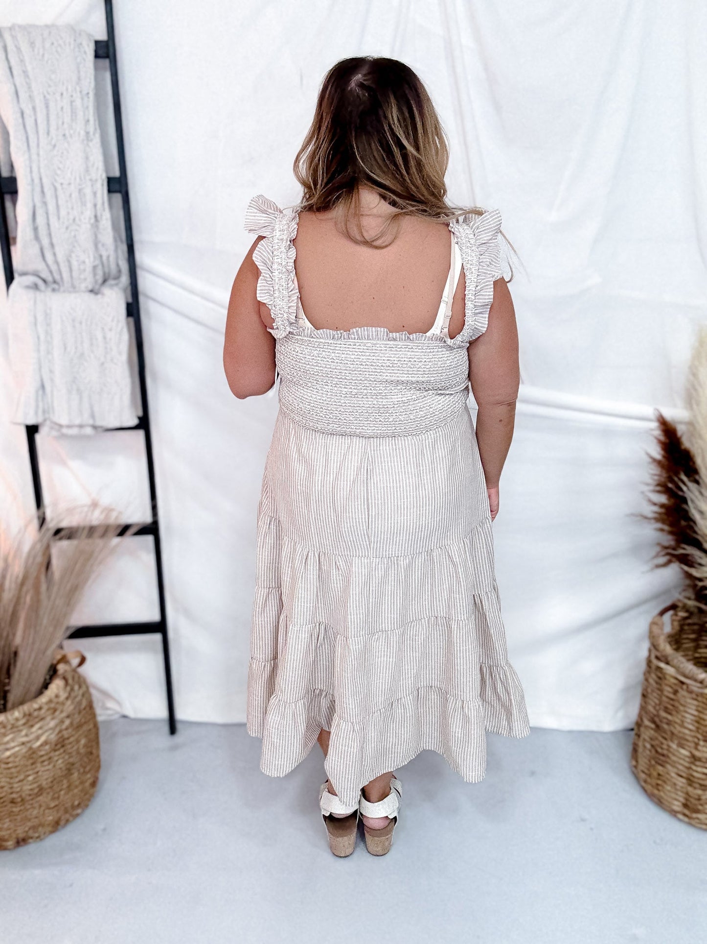 Tan Striped Tiered Maxi Dress with Ruffle Straps - Whiskey Skies - WHITE BIRCH