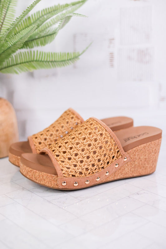 Tan Vacation Rattan Wedge Sandals - Whiskey Skies - CORKY