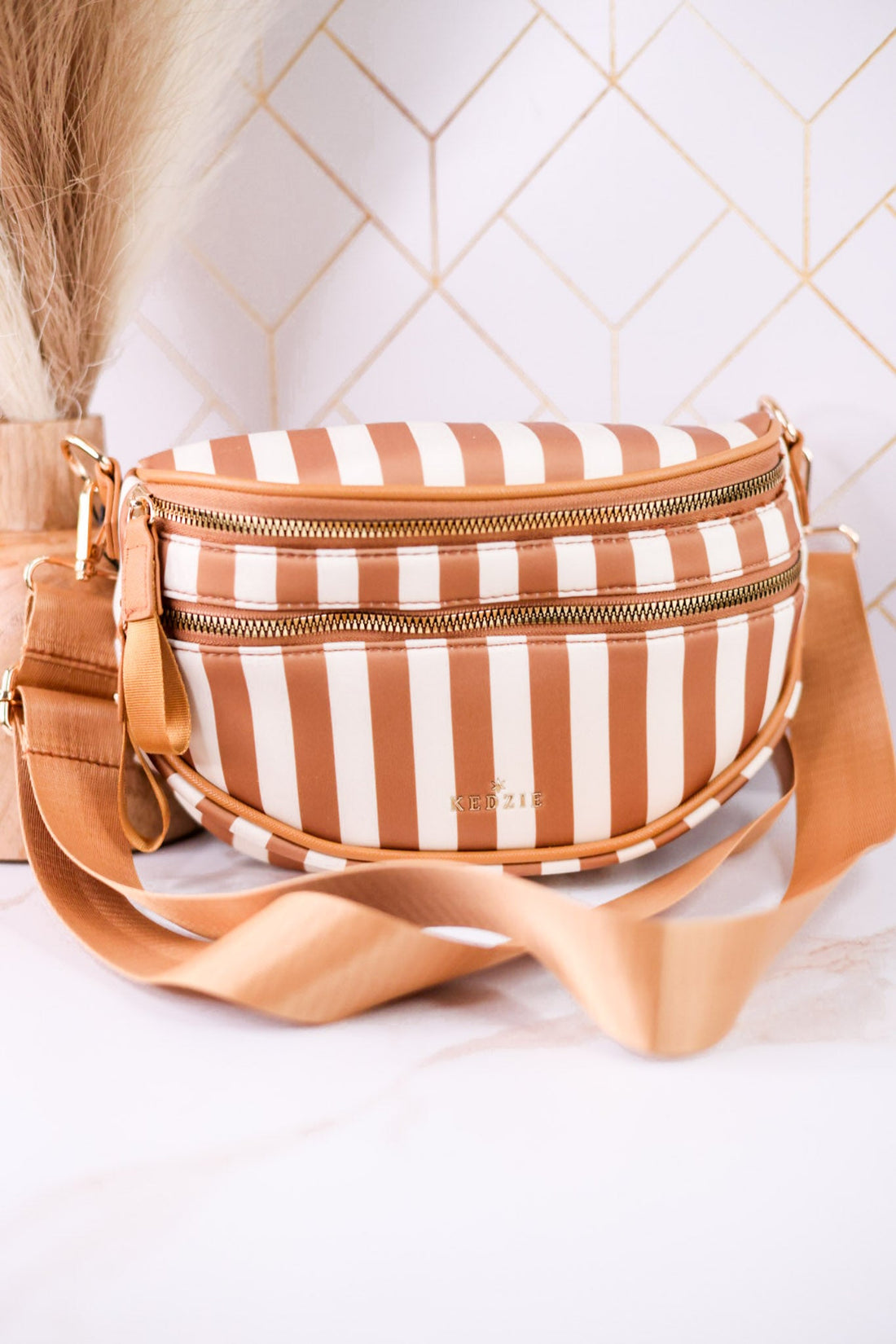 Tan & White Striped Day Pack Purse - Whiskey Skies - DM MERCHANDISING