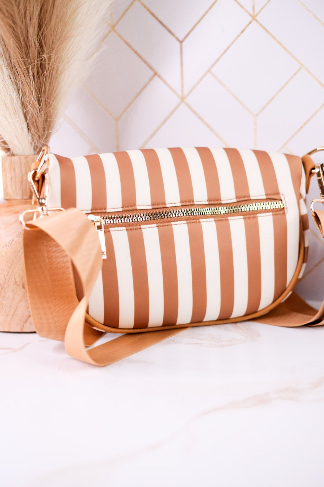 Tan & White Striped Day Pack Purse - Whiskey Skies - DM MERCHANDISING