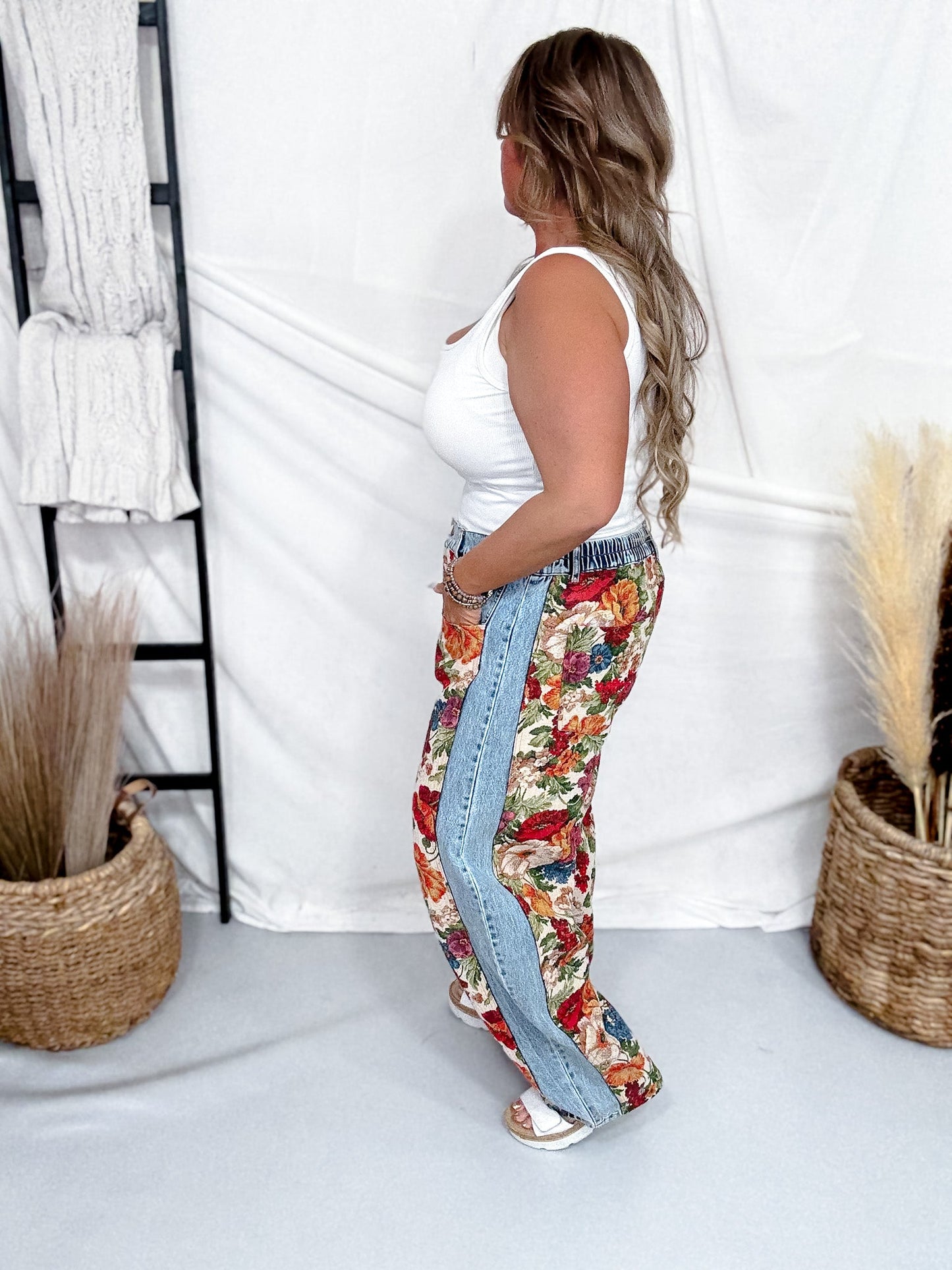 Tapestry Floral Panel Denim Pants - Whiskey Skies - DAVI & DANI