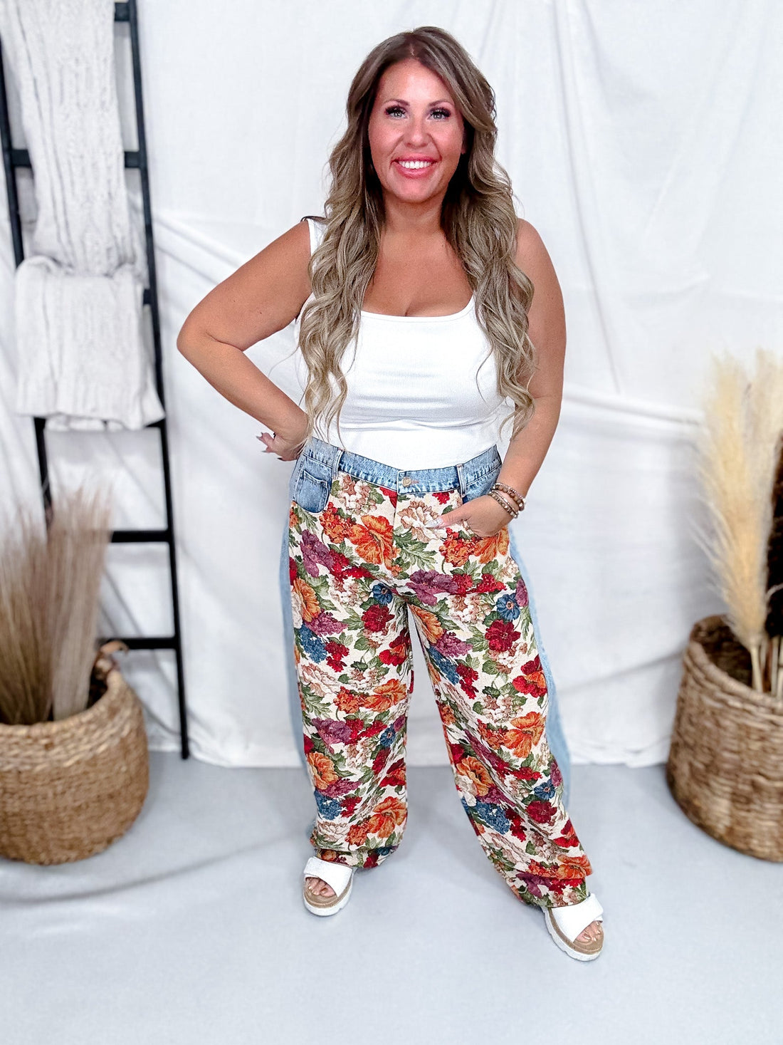 Tapestry Floral Panel Denim Pants - Whiskey Skies - DAVI & DANI