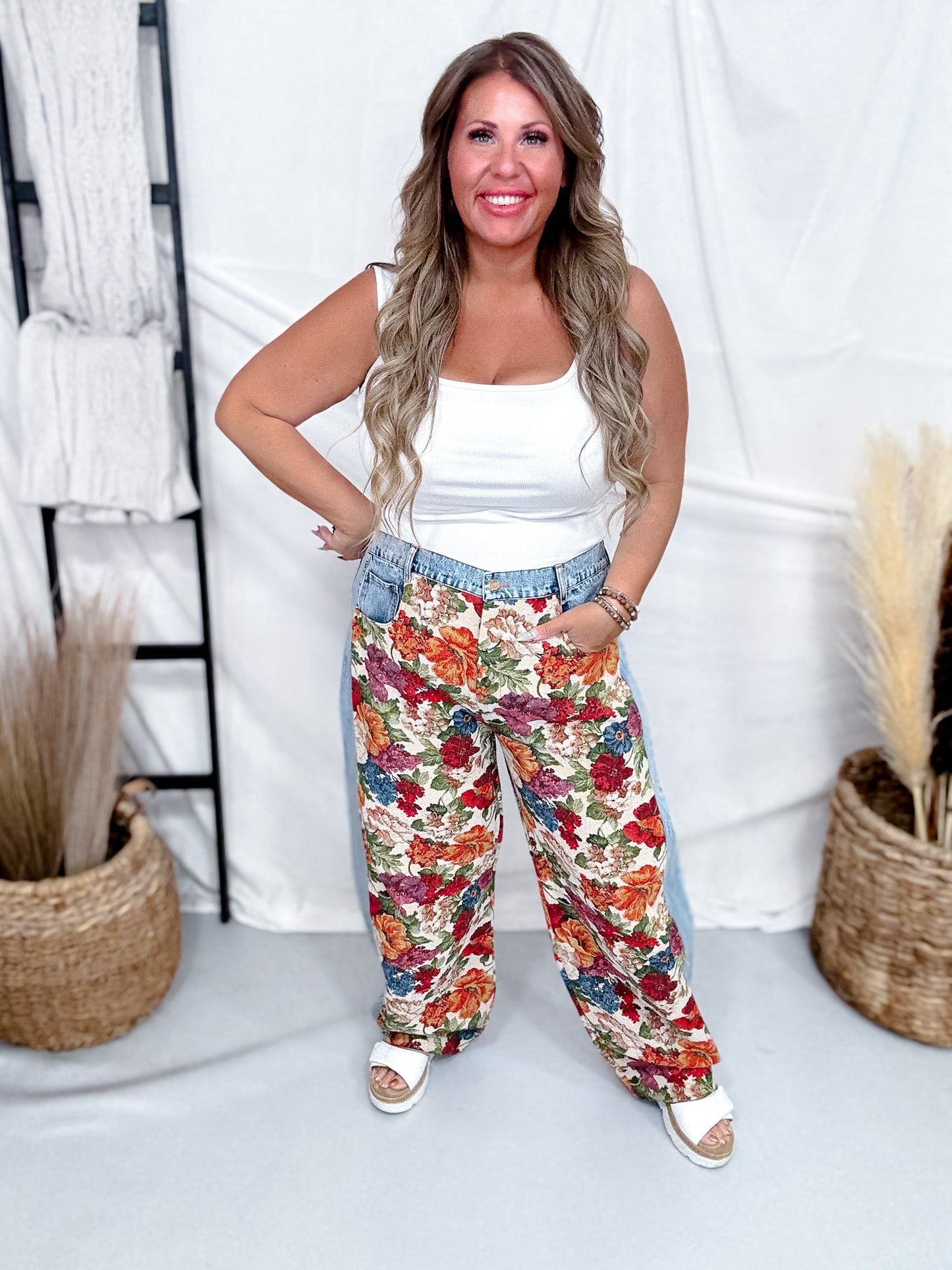 Tapestry Floral Panel Denim Pants - Whiskey Skies - DAVI & DANI