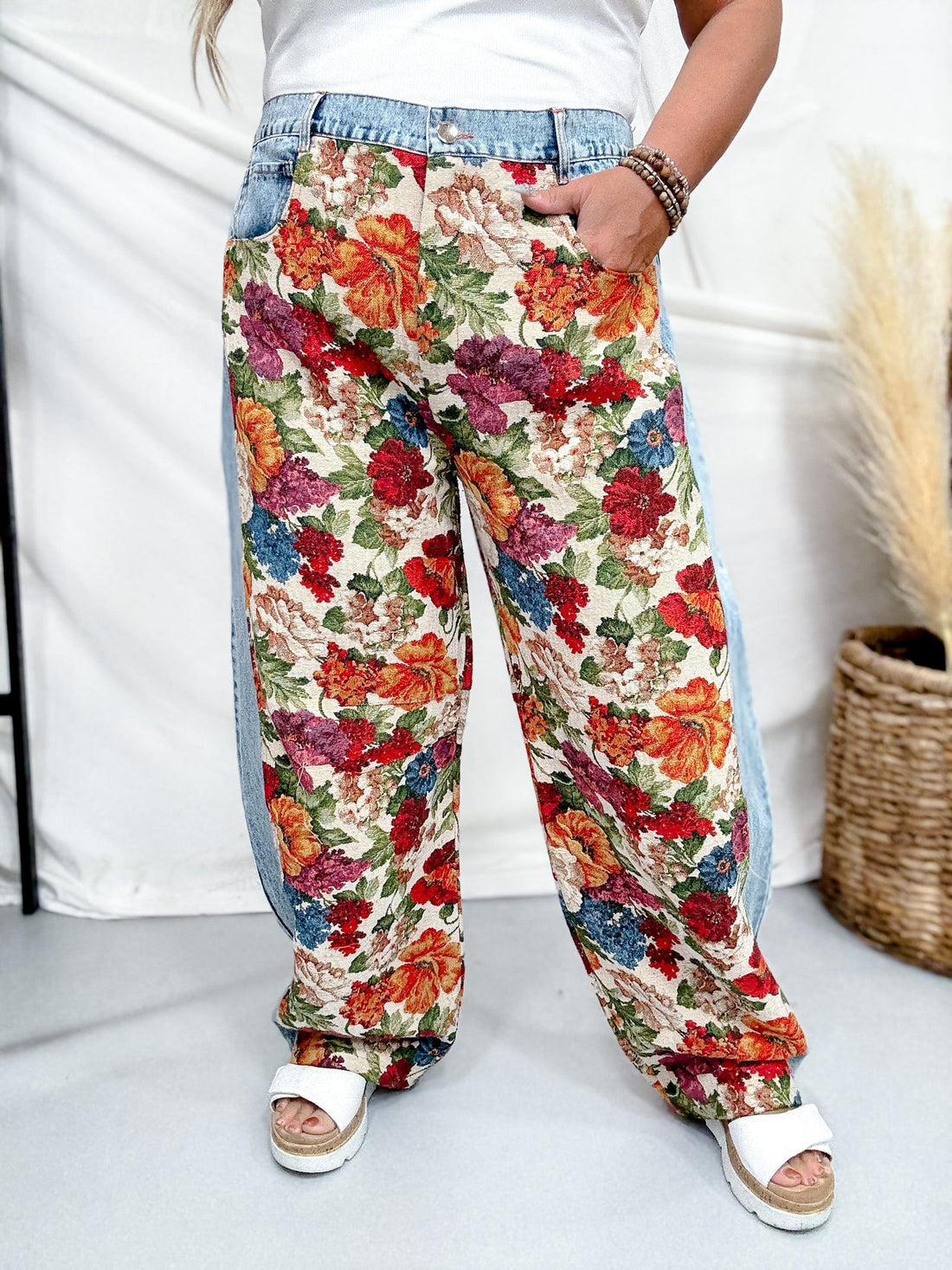 Tapestry Floral Panel Denim Pants - Whiskey Skies - DAVI & DANI