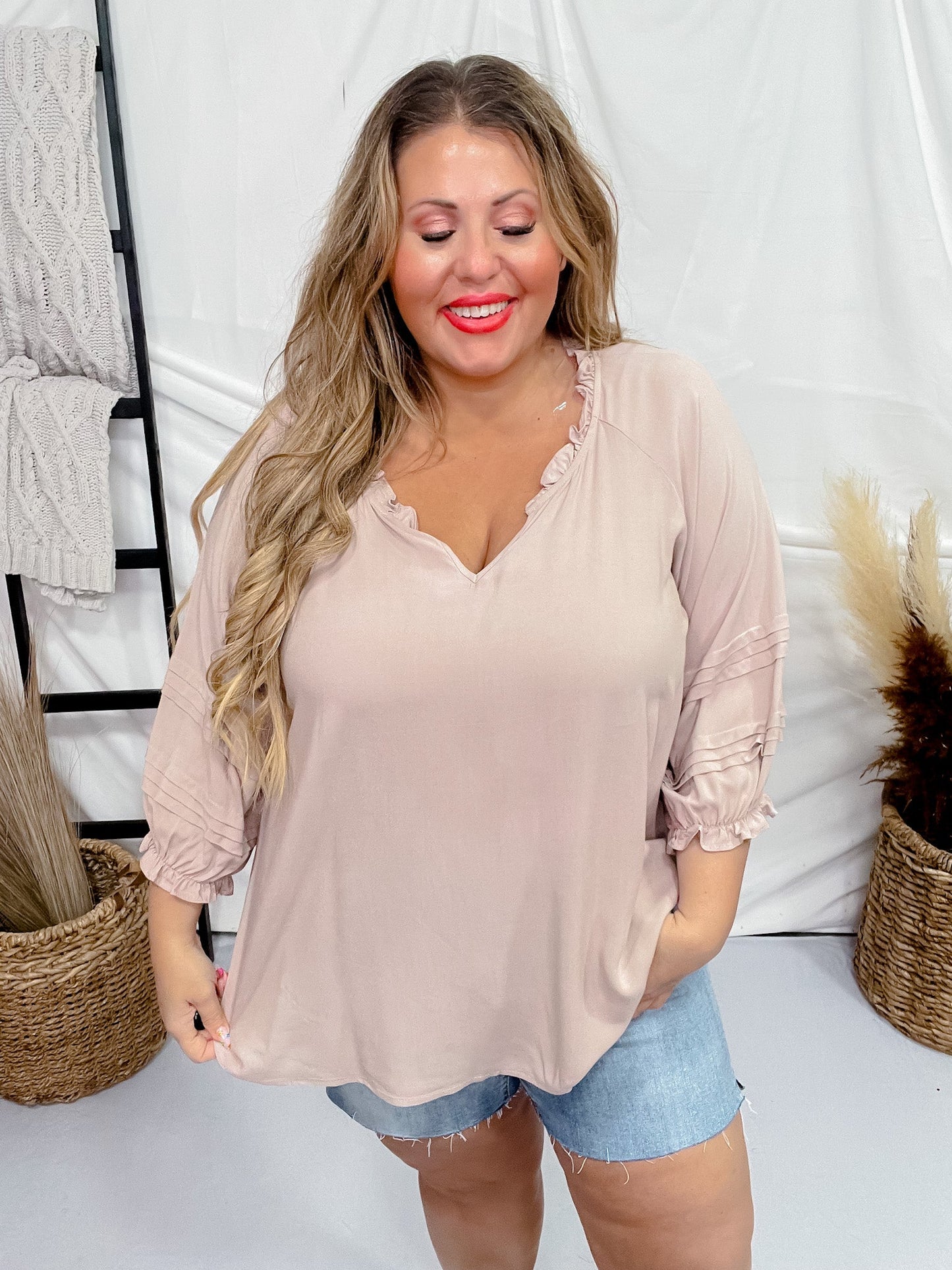 Taupe 3/4 Puff Sleeve Top - Whiskey Skies - ANDREE BY UNIT