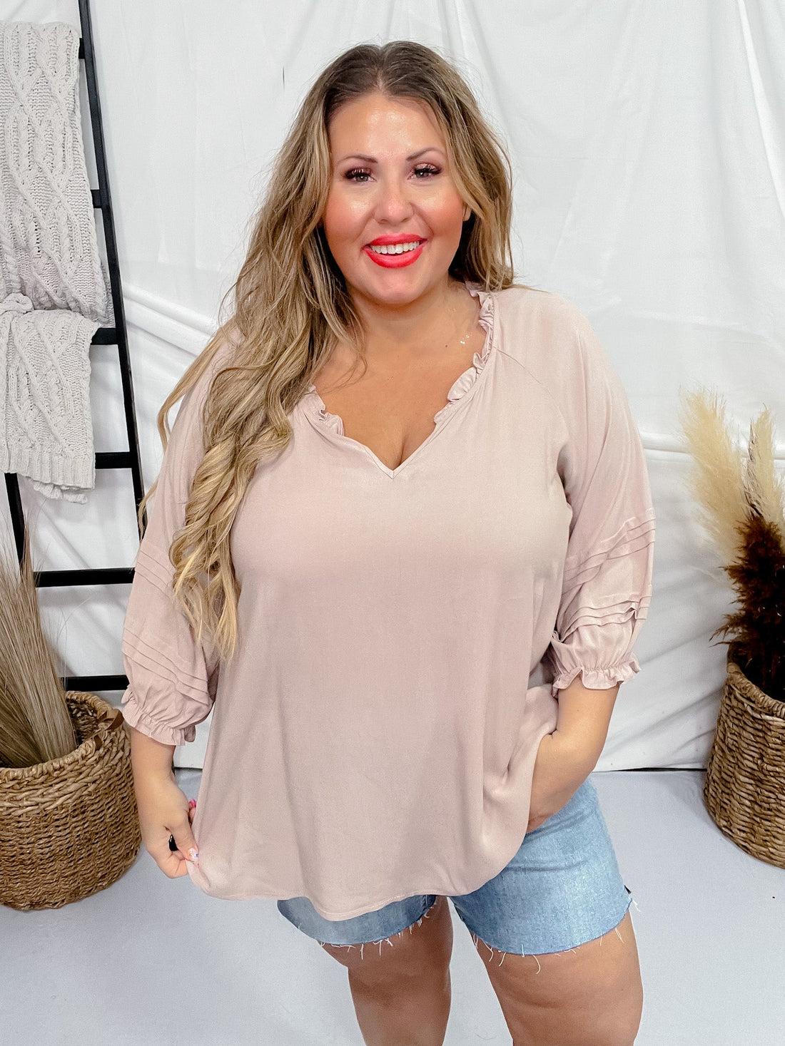 Taupe 3/4 Puff Sleeve Top - Whiskey Skies - ANDREE BY UNIT