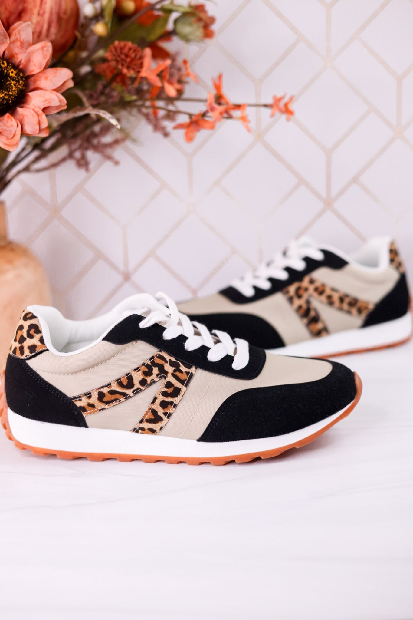 Taupe And Black Sneakers With Leopard Print Accents - Whiskey Skies - VERY G