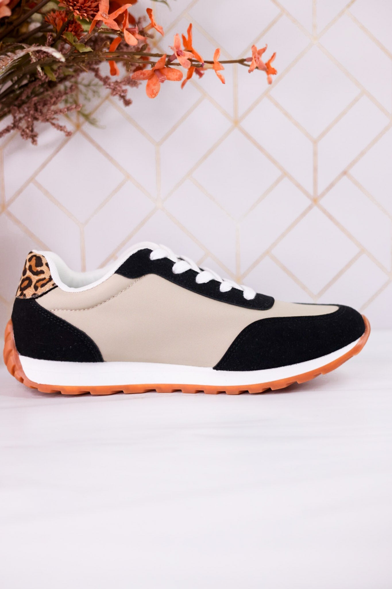 Taupe And Black Sneakers With Leopard Print Accents - Whiskey Skies - VERY G