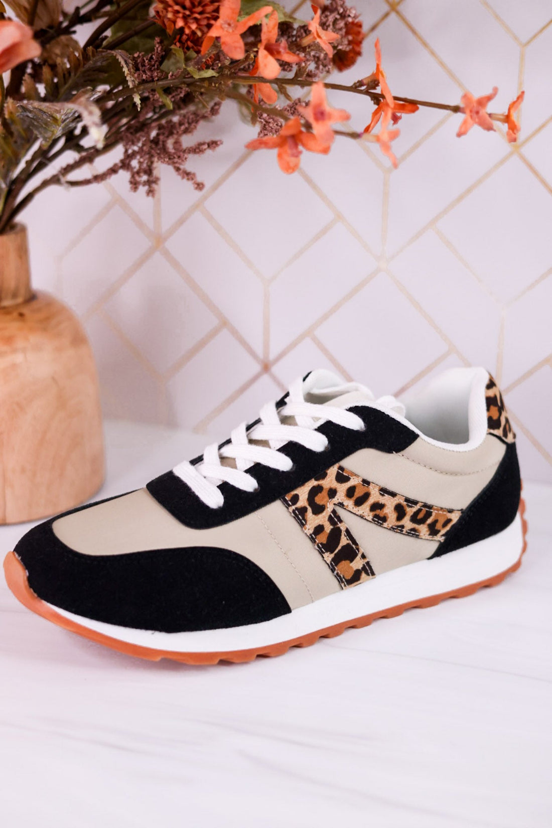 Taupe And Black Sneakers With Leopard Print Accents - Whiskey Skies - VERY G