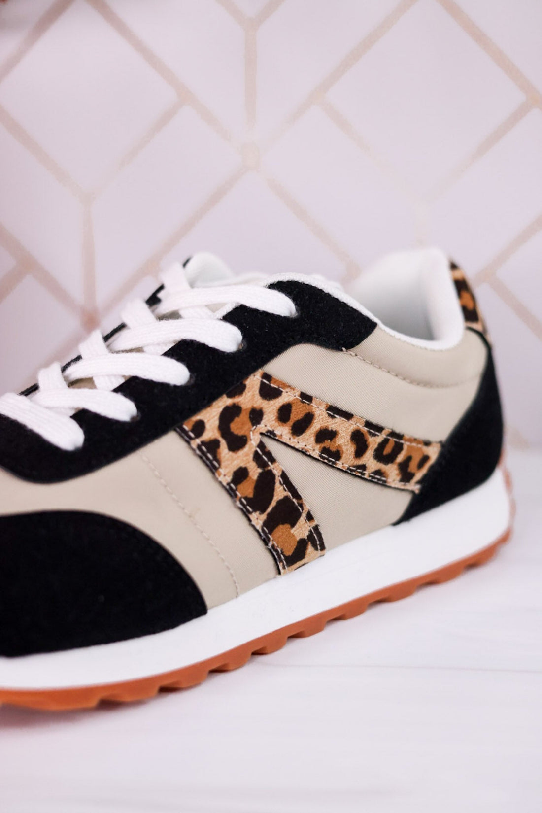 Taupe And Black Sneakers With Leopard Print Accents - Whiskey Skies - VERY G