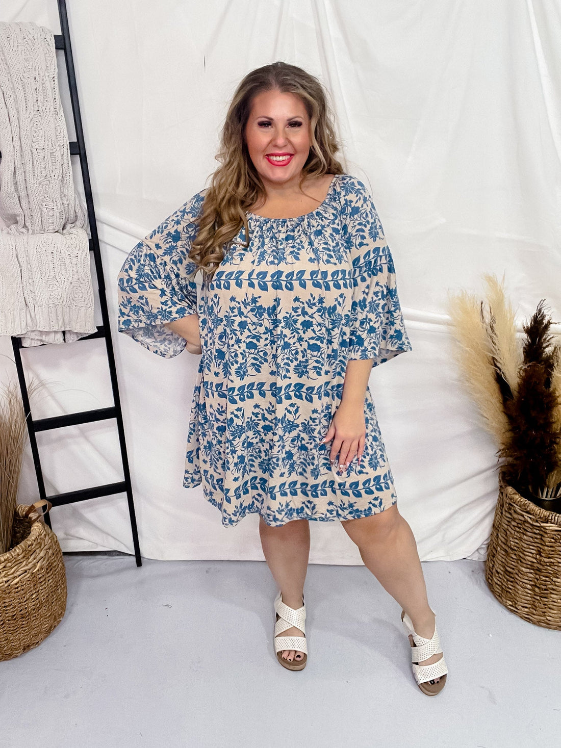 Taupe and Blue Bell Sleeve Dress - Whiskey Skies - DEAR SCARLETT