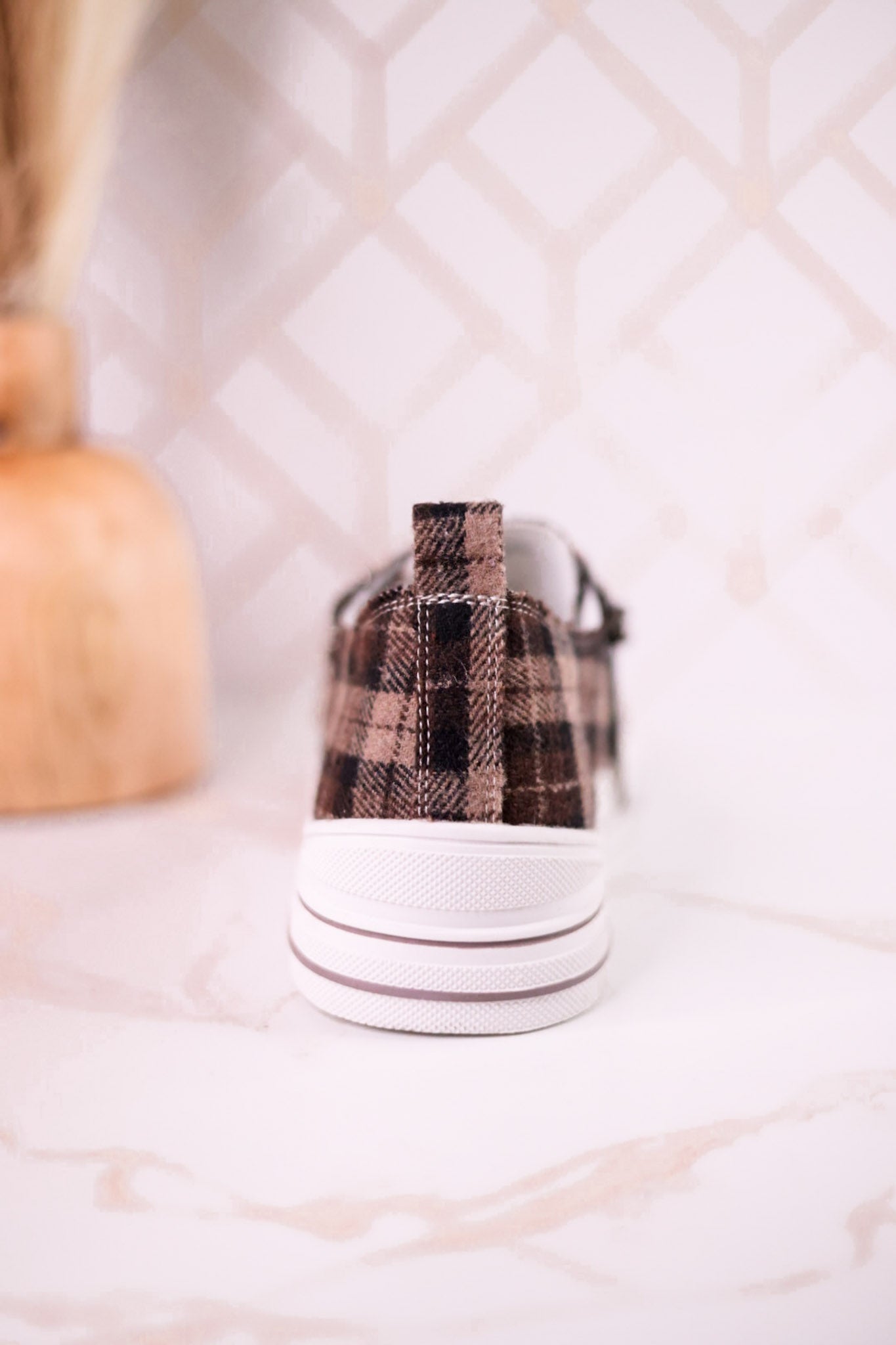 Taupe & Black Plaid Aman Sneakers With Rhinestone Laces - Whiskey Skies - VERY G