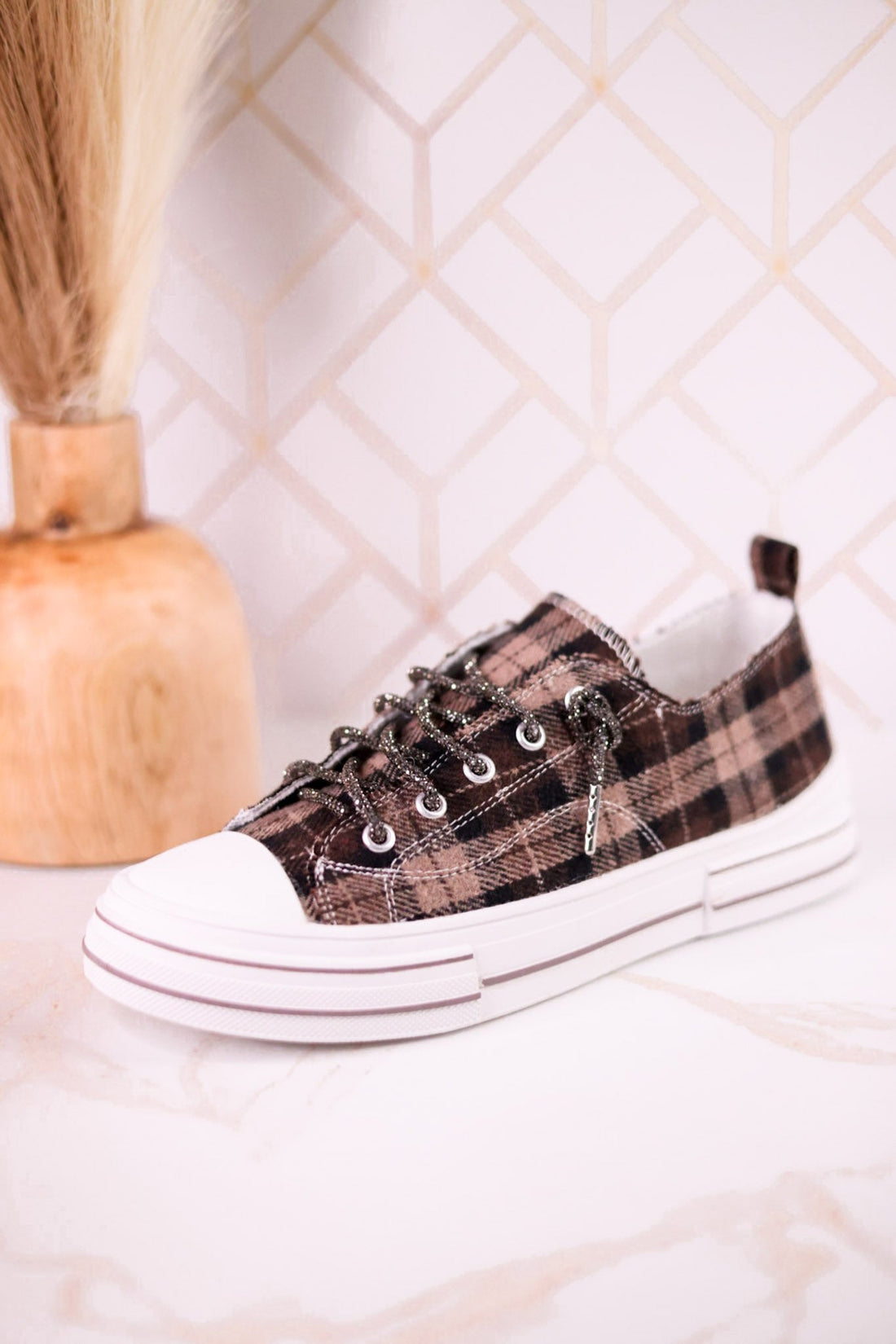 Taupe & Black Plaid Aman Sneakers With Rhinestone Laces - Whiskey Skies - VERY G