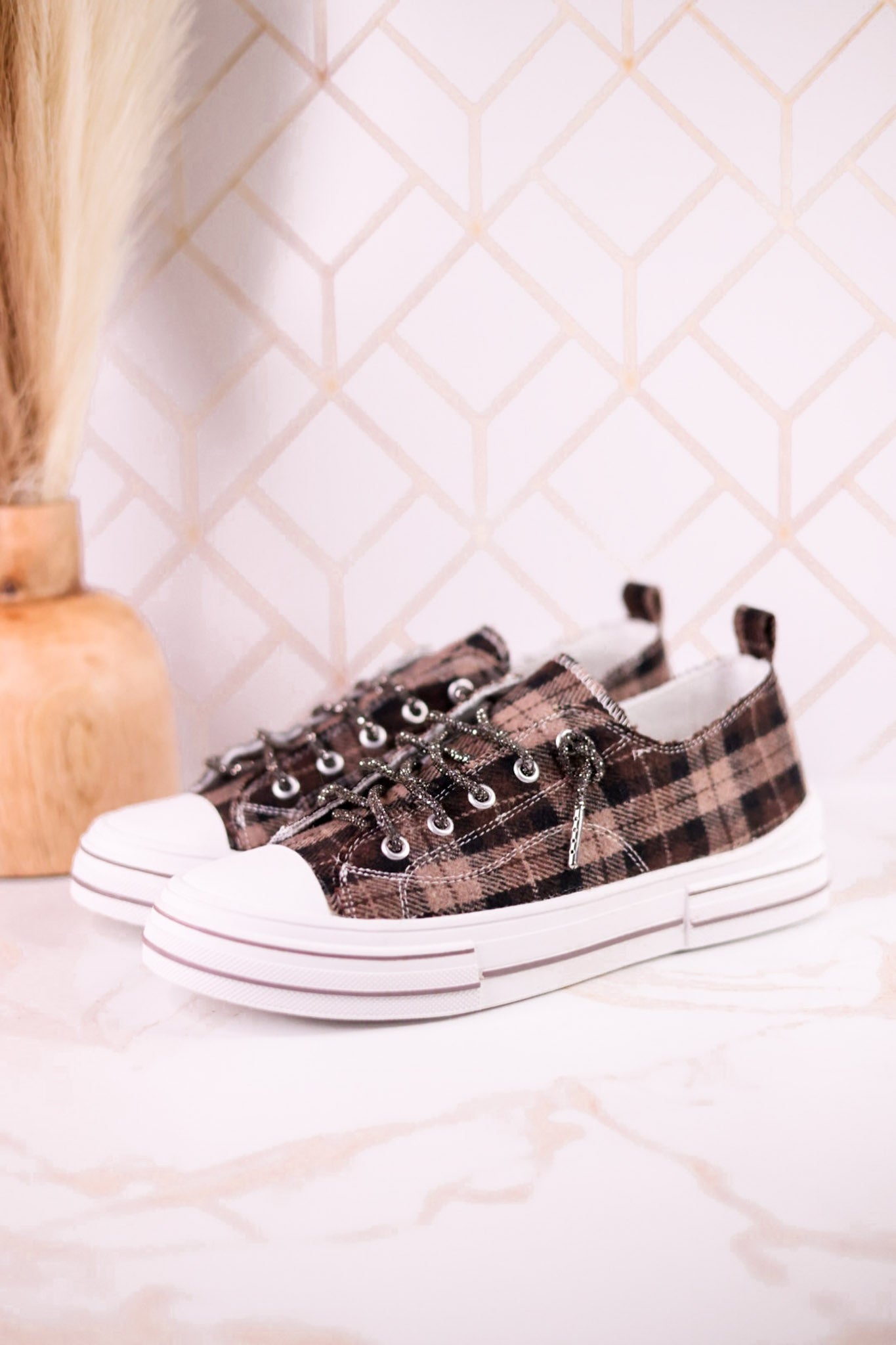 Taupe & Black Plaid Aman Sneakers With Rhinestone Laces - Whiskey Skies - VERY G