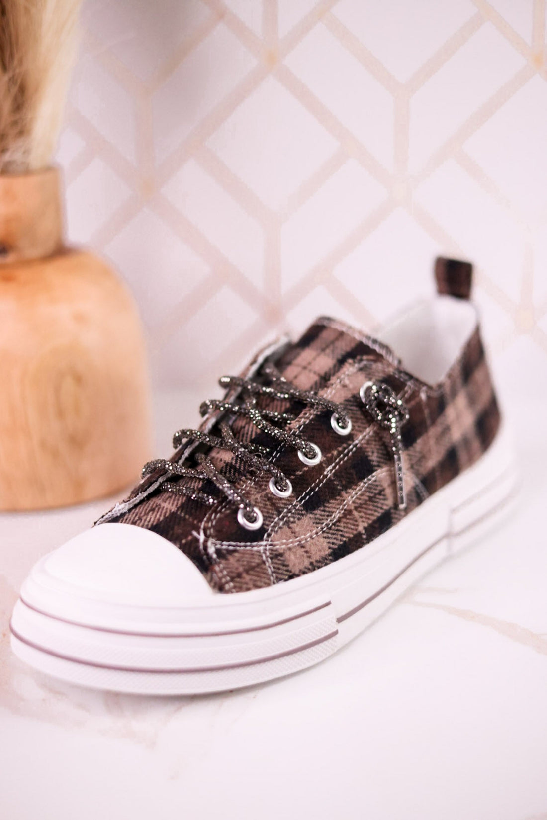 Taupe & Black Plaid Aman Sneakers With Rhinestone Laces - Whiskey Skies - VERY G
