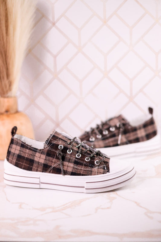 Taupe & Black Plaid Aman Sneakers With Rhinestone Laces - Whiskey Skies - VERY G