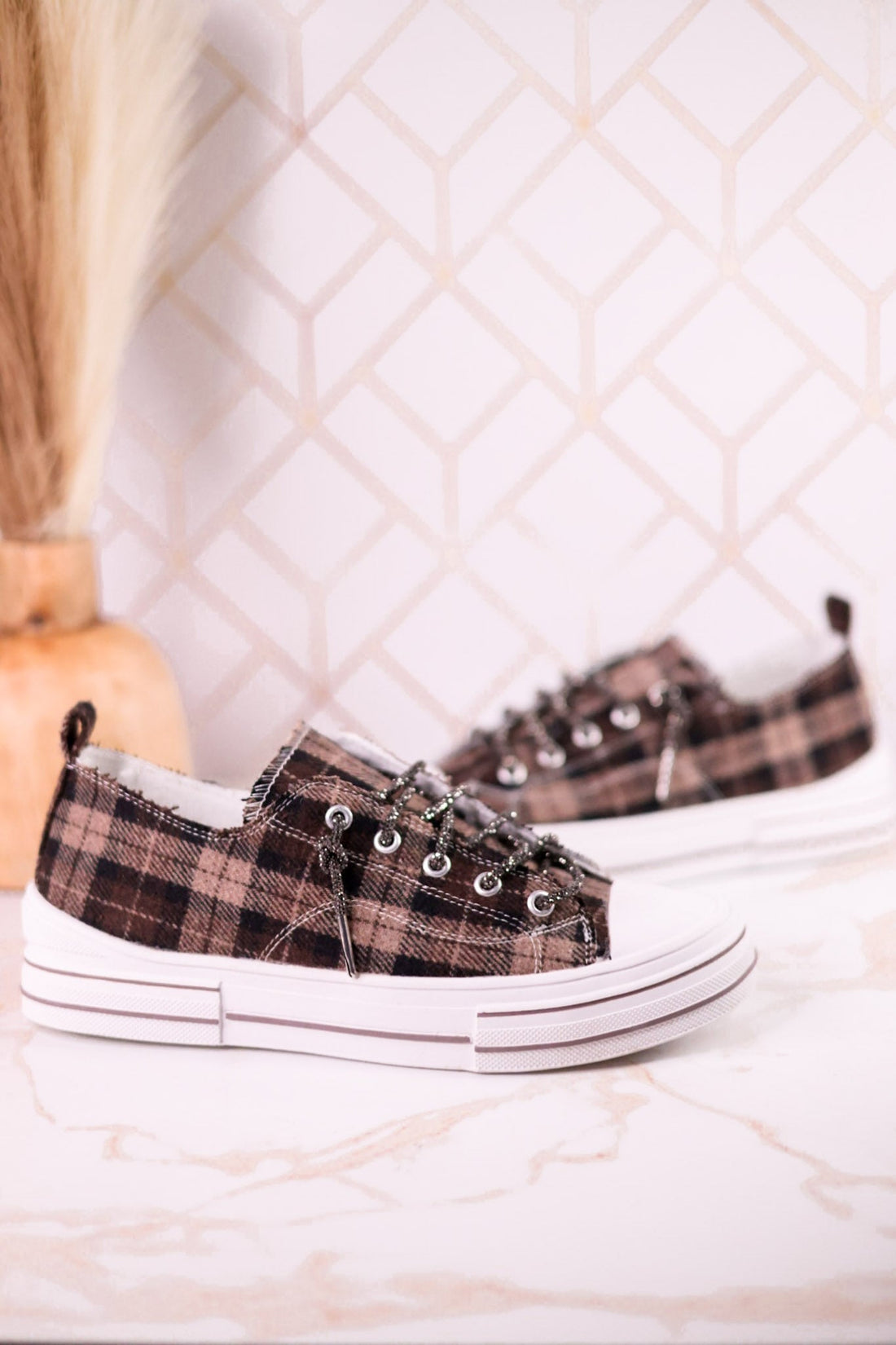 Taupe & Black Plaid Aman Sneakers With Rhinestone Laces - Whiskey Skies - VERY G